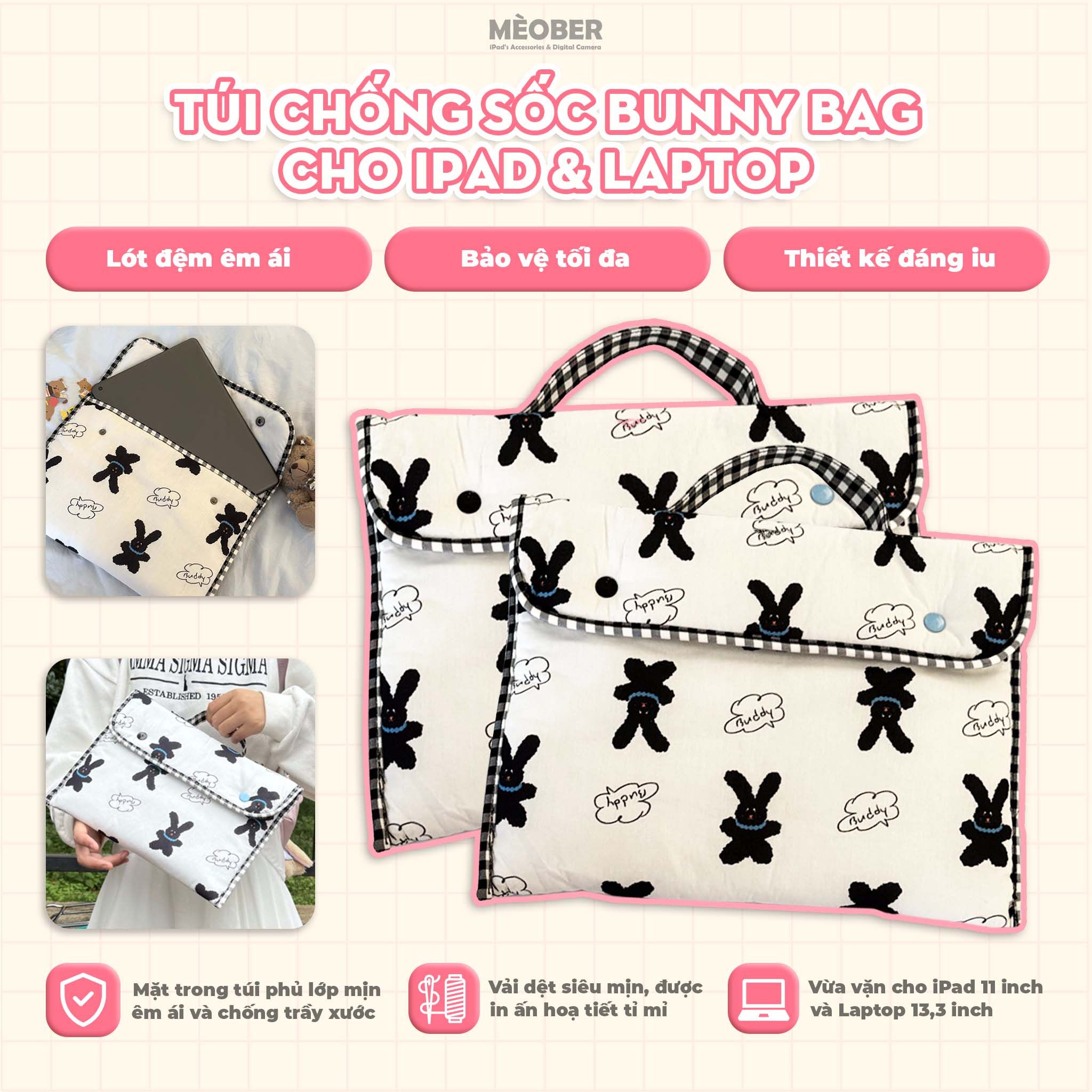 Túi chống sốc Bunny Bag cho iPad & Laptop - Thiết kế tối giản, hoạ tiết thỏ dễ thương, lót đệm êm ái bảo vệ tối đa by MèoBer