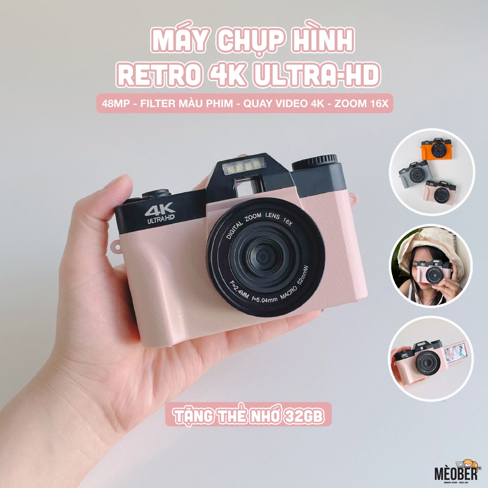  [Tặng thẻ nhớ] Máy Chụp Hình Retro 48MP Quay phim 4K UltraHD  - giả lập màu phim, quay video slow-mo, chuyển hình nhanh qua smartphone 