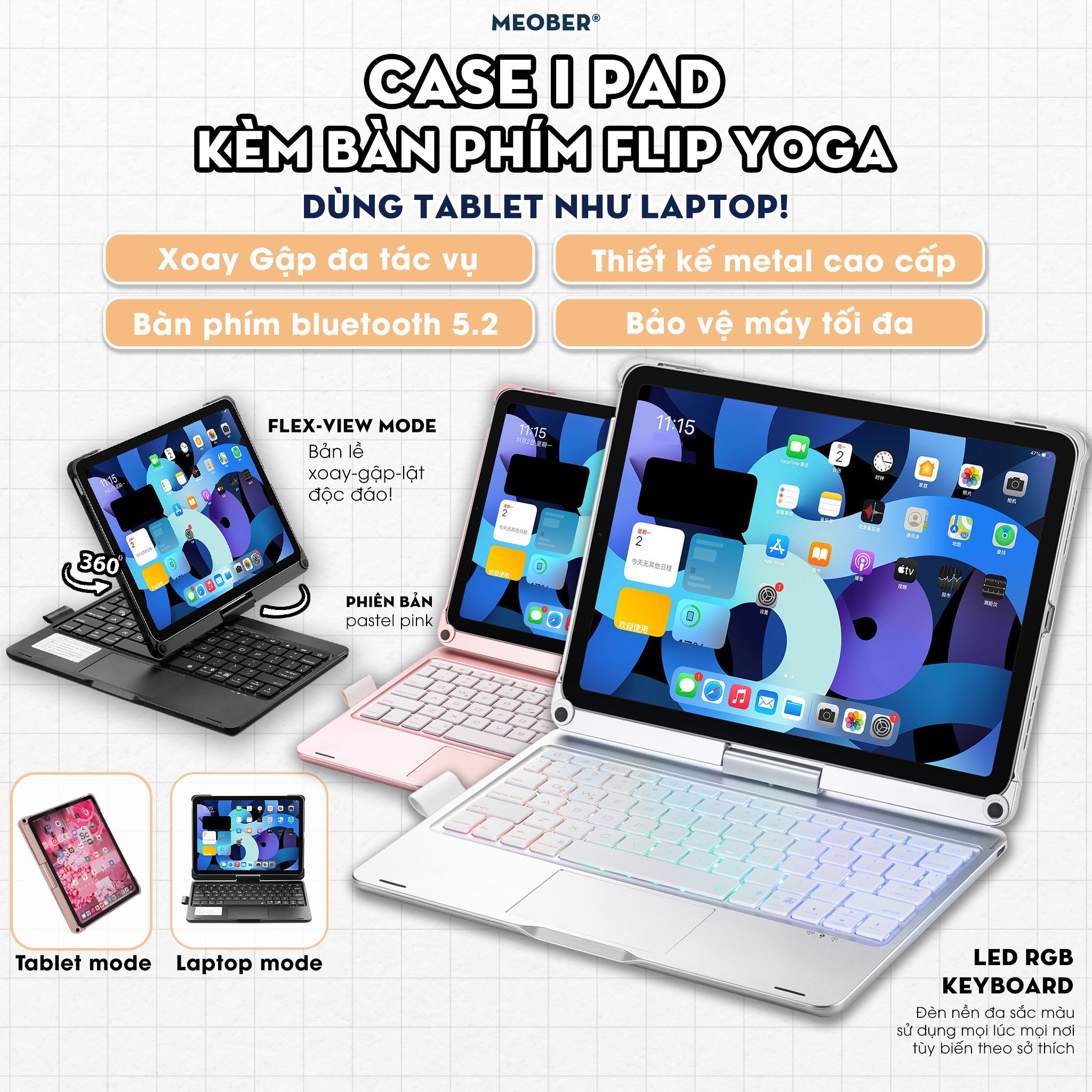  [Premium] Case iPad Kèm Bàn Phím Flip Yoga bản lề Xoay Gập 360 dành Gen 7 8 9, Air 4 5, Pro 11 12.9 2020 M1 M2 by MeoBer 