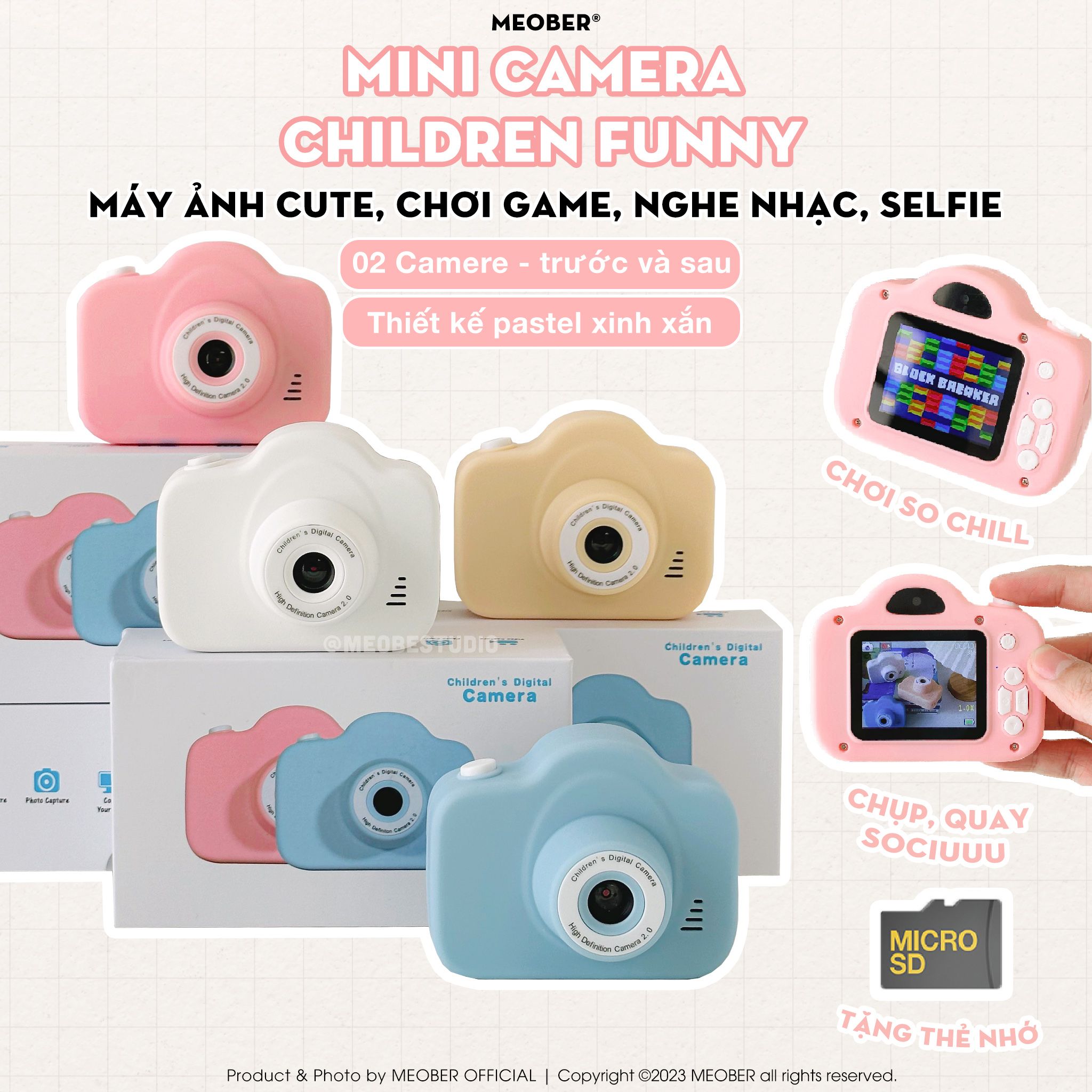  [Tặng thẻ nhớ] Máy ảnh kts children mini camera  by Meober - quay, chụp, chơi game, nghe nhạc, thiết kế pastel cute 