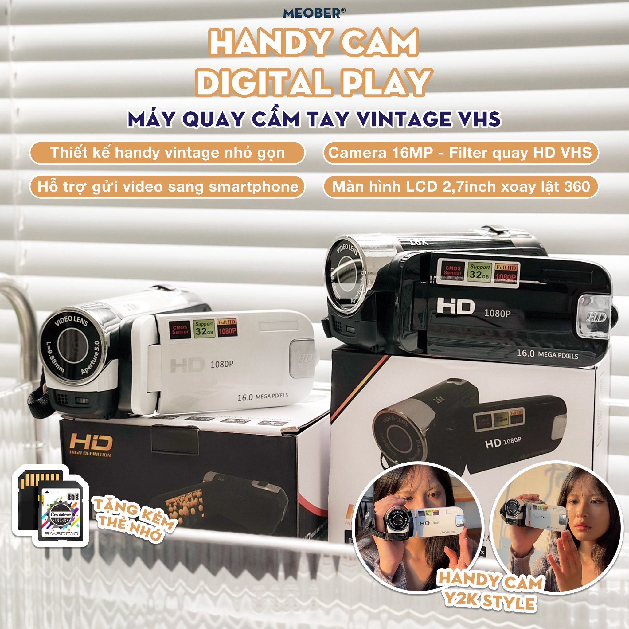  [Tặng thẻ nhớ] Máy quay số cầm tay digital handy camera - quay chụp kĩ thuật số VHS 48MP, màn hình lật phong cách Y2K 