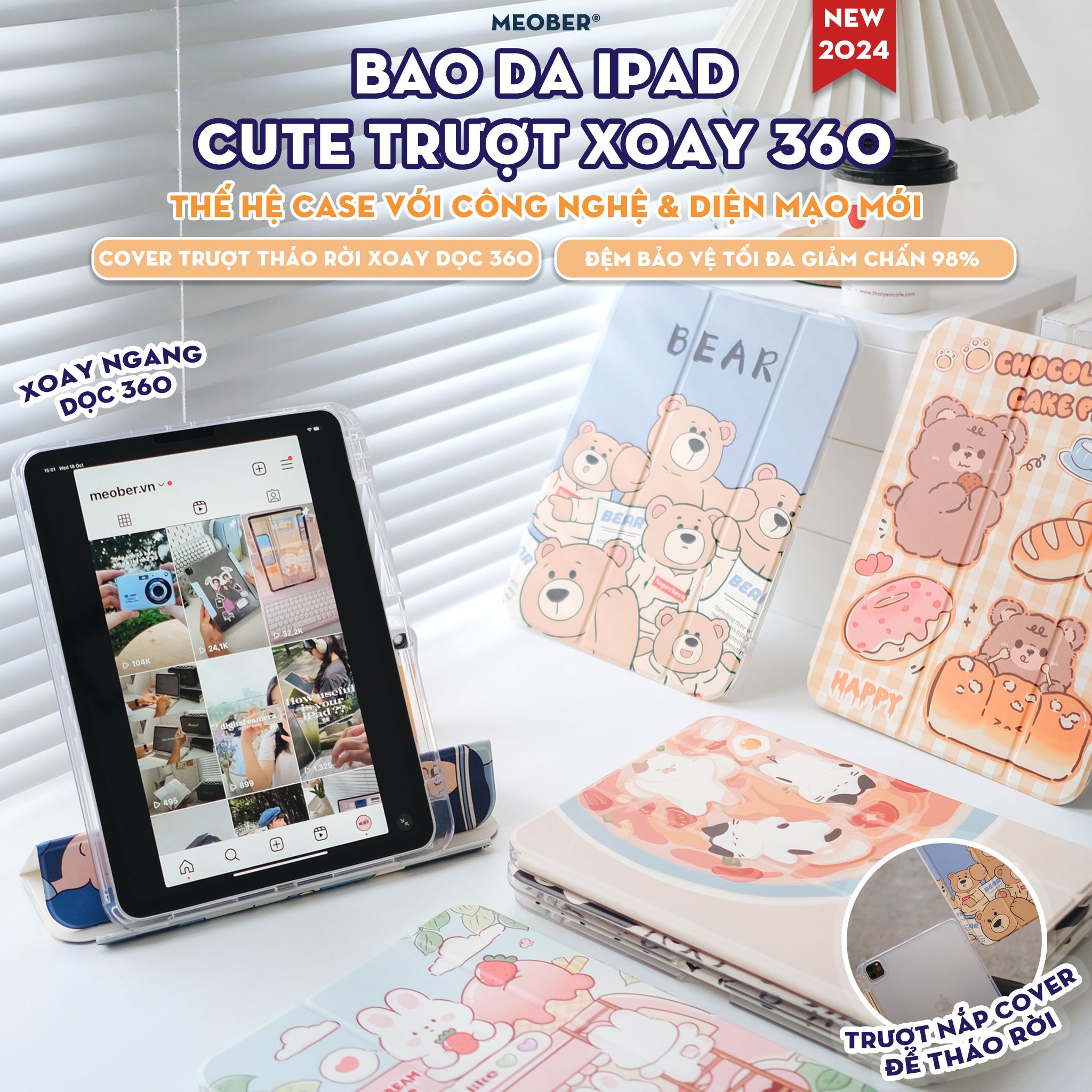 Bao da i Pad Cover Trượt Tháo Rời, in họa tiết Cute 3D chống sốc cho Pro 11 Air 4 5 Gen 9 Pro 12.9 Mini 6 by MèoBer