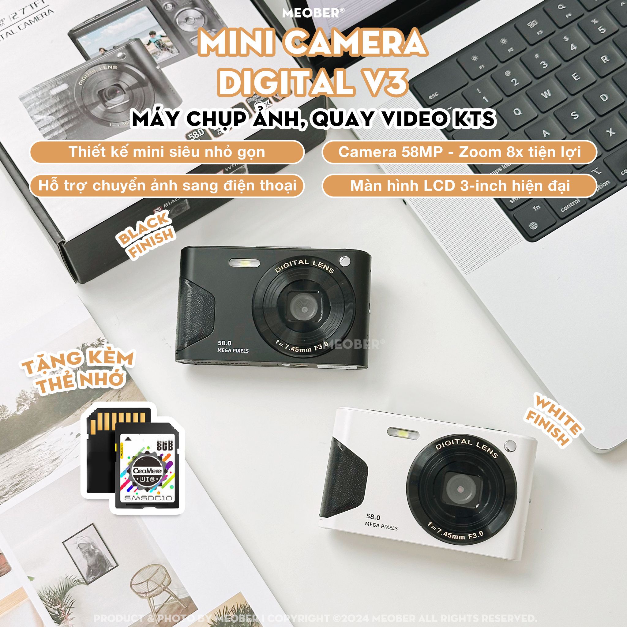  [Tặng thẻ nhớ] Máy ảnh kĩ thuật số digital mini camera v3 - quay, chụp 58MP, siêu mỏng nhỏ gọn by MèoBer 