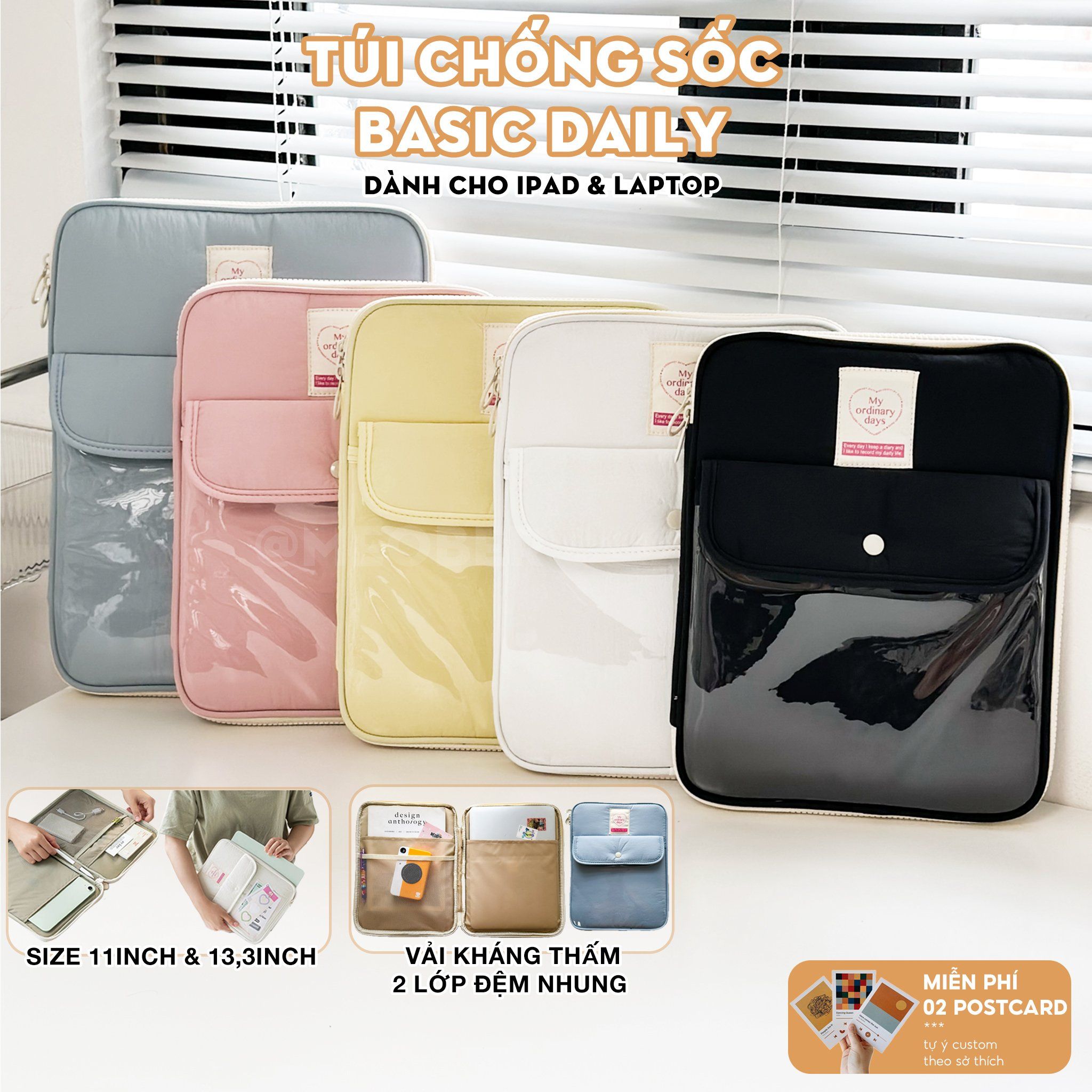  Túi chống sốc cho iPad & Laptop đa năng Basic Daily Korea Style - Thiết kế tối giản pastel, chia ngăn thông minh bảo vệ tối đa by MèoBer 