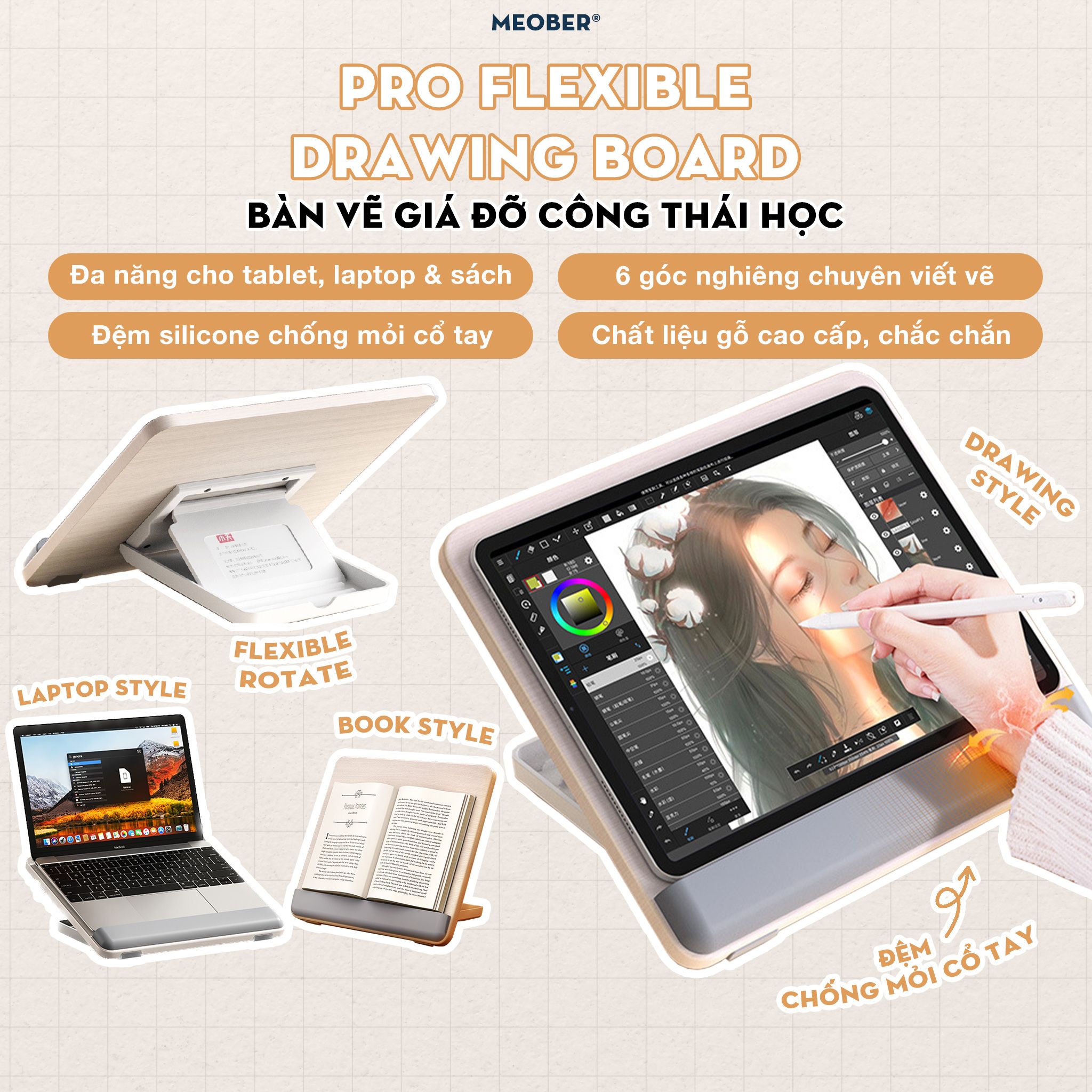  [Pro Drawing Board] Bàn vẽ kiêm giá đỡ công thái học, đệm tay chống mỏi, tăng chỉnh độ cao cho Tablet, Sách, Laptop by meober 