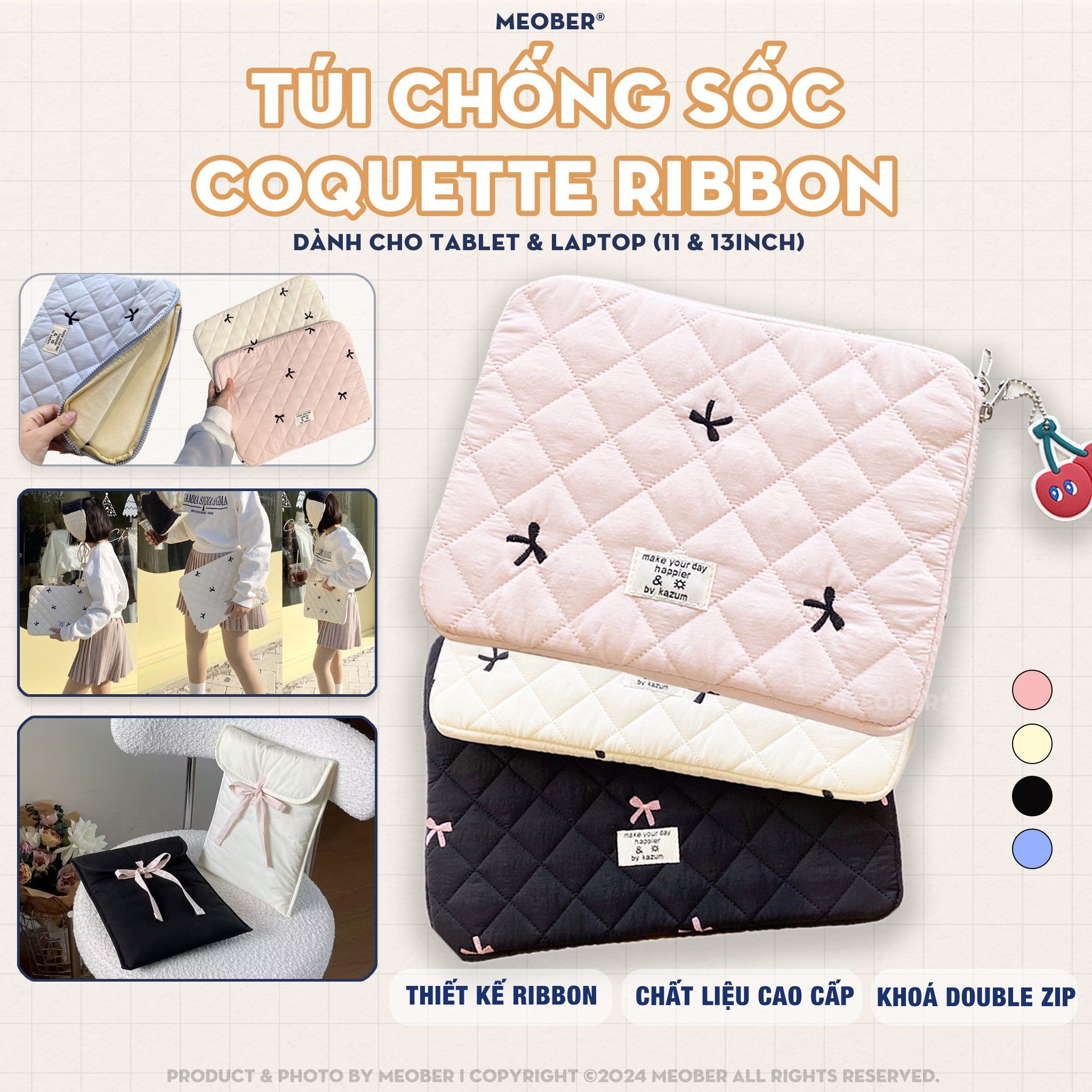 Túi chống sốc Nơ Coquette Ribbon cho iPad & Laptop - Thiết kế tối giản pastel hoạ tiết nơ dễ thương, lót đệm êm ái bảo vệ tối đa by MèoBer