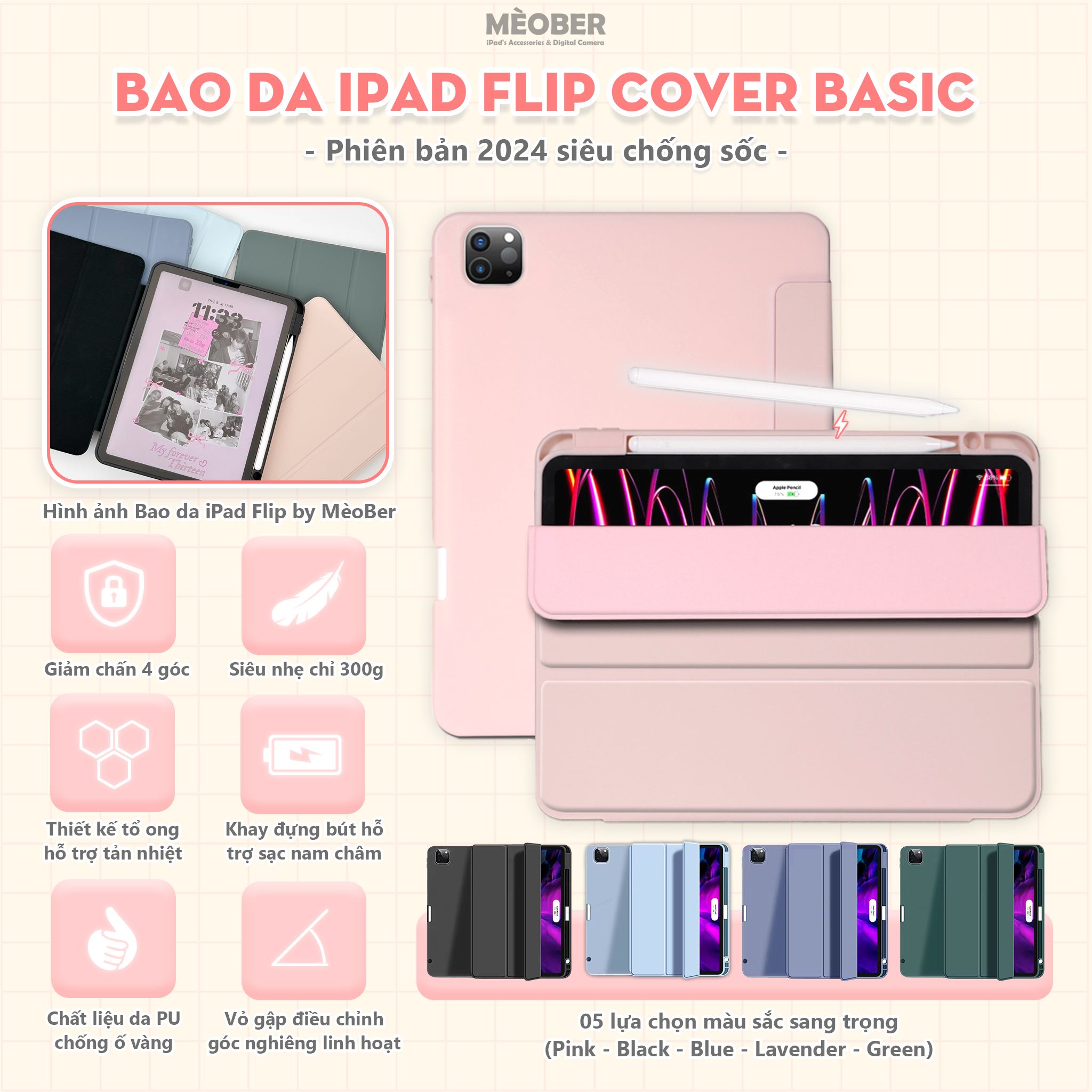 Bao da iPad Flip Cover Basic 2024 Siêu Chống Sốc , Full màu cho Pro 11 M1 Air 4 5 6Gen 9 10 Pro 12.9 by MèoBer
