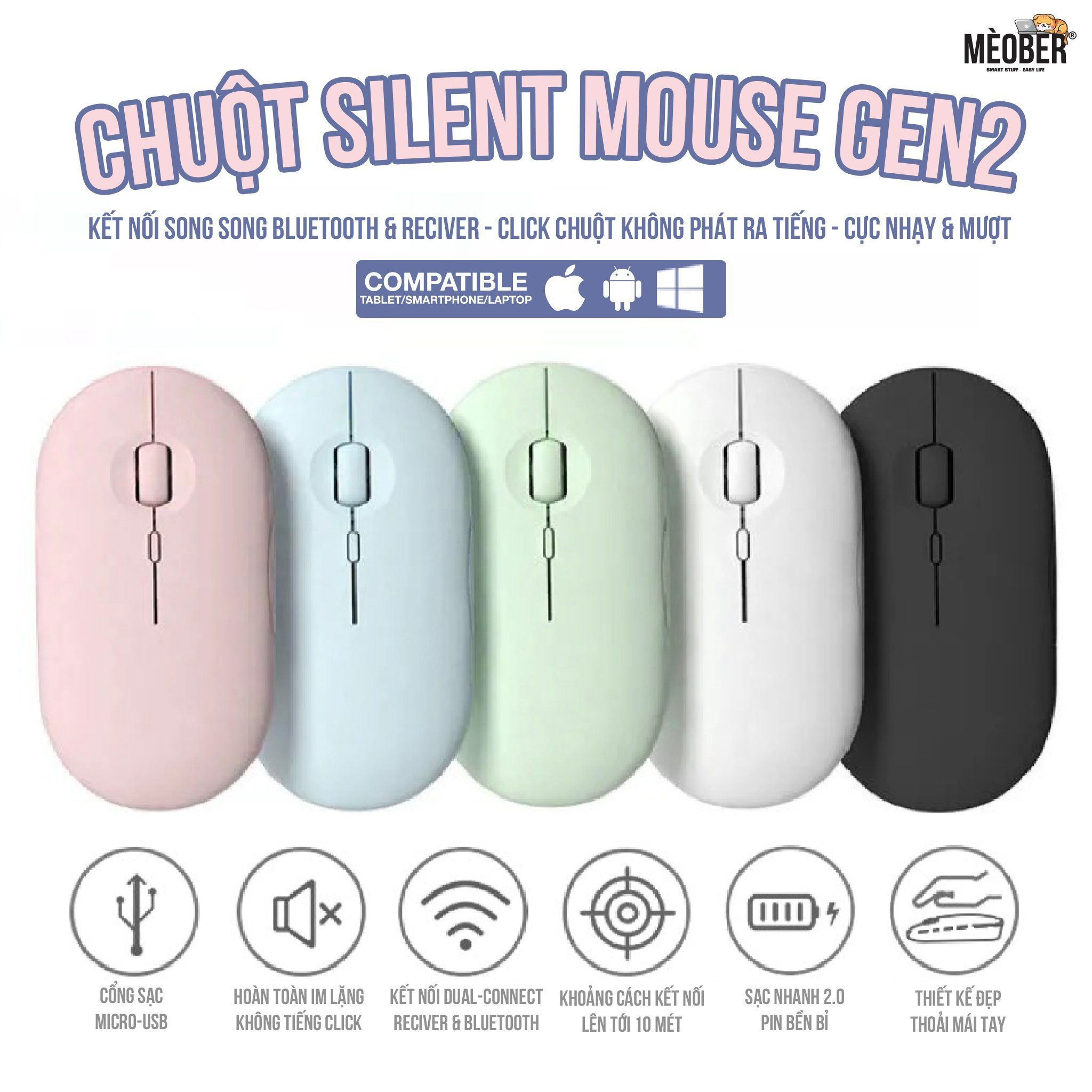 Chuột không dây Bluetooth Silent Mouse Gen2 - Nhỏ Gọn, Tối Giản, Pin Sạc Cao cấp (Black/White/Pink/Mint/Blue)