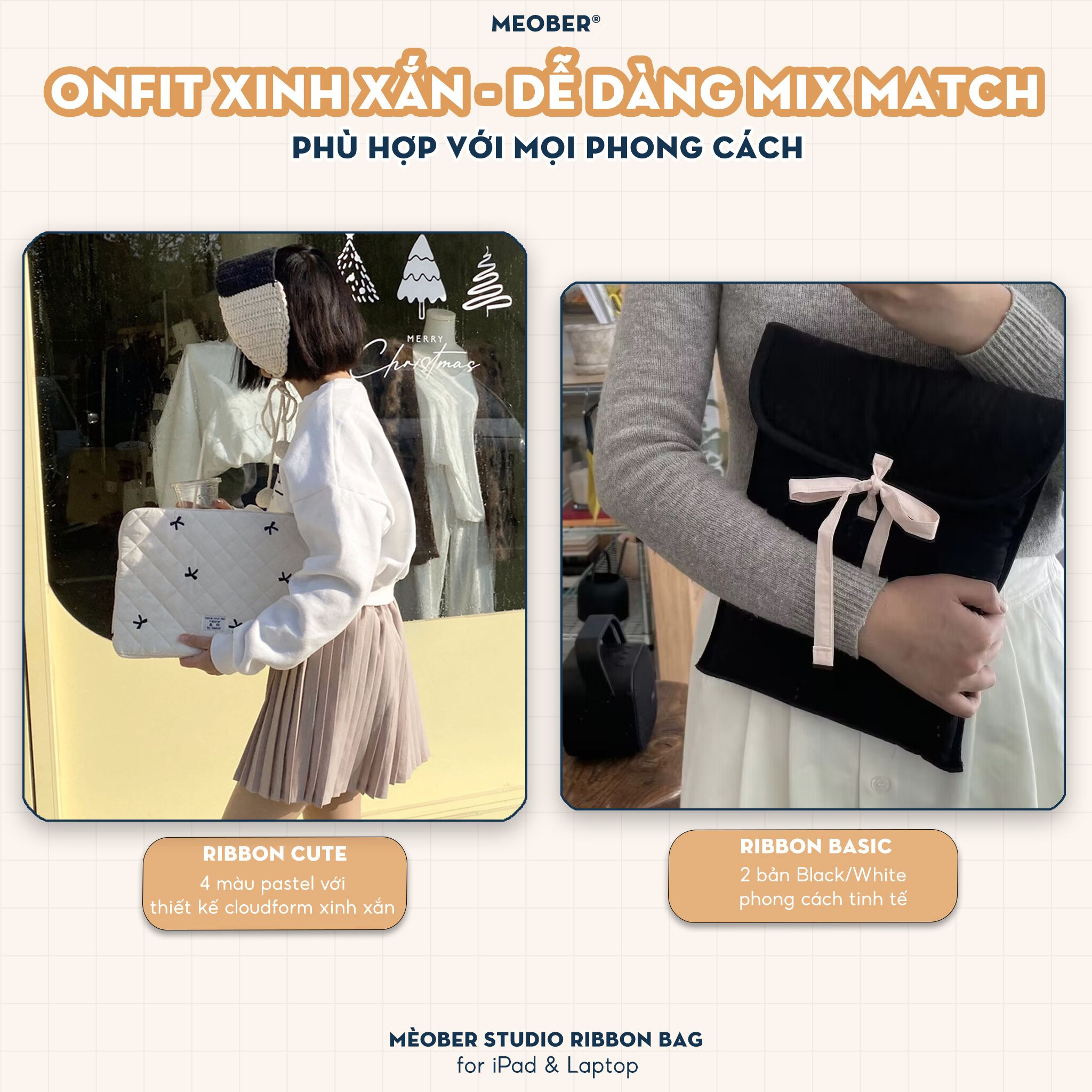 Túi chống sốc Nơ Coquette Ribbon cho iPad & Laptop - Thiết kế tối giản pastel hoạ tiết nơ dễ thương, lót đệm êm ái bảo vệ tối đa by MèoBer
