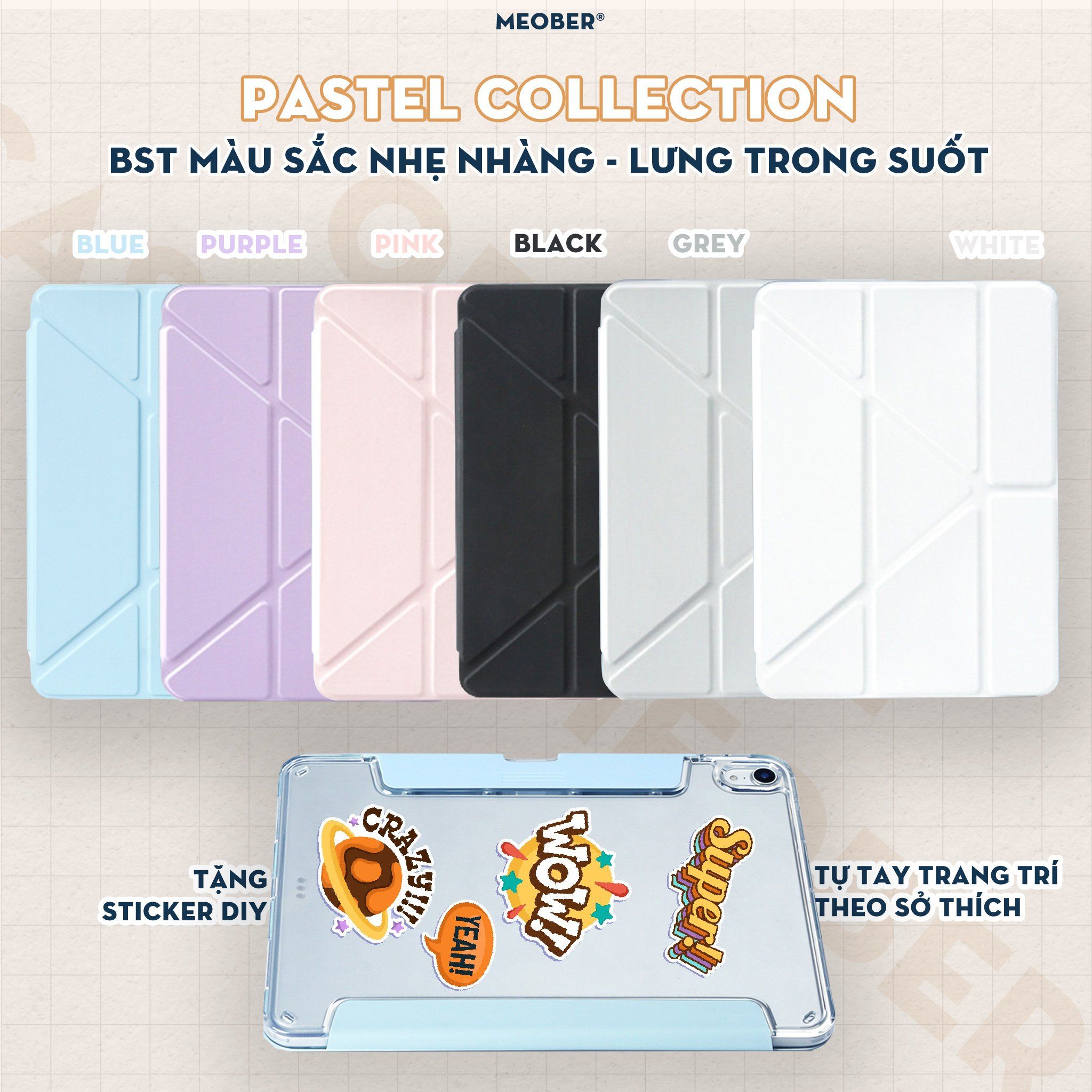 Bao da i Pad Origami gấp xếp xoay 360 cho Pro 11, Air 4/5/6/7, Gen7/8/9/10/11, Pro M4 - khay bút ẩn, lưng viền trong suốt by MèoBer