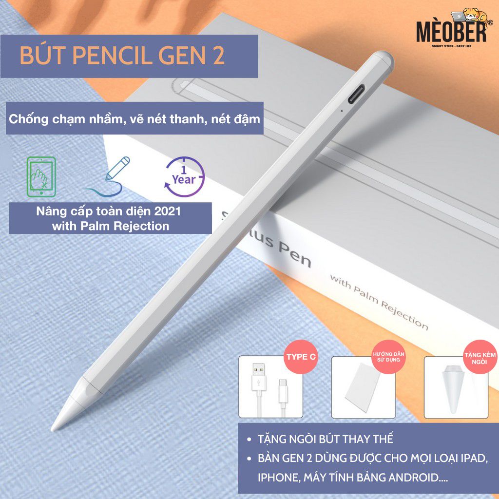  Bút cảm ứng Pencil Gen 2 - Chống chạm nhầm, vẽ nét thanh nét đậm, ghi chú dành cho iPad Pro 11, 12.9, Air 3 4, Gen 7 8, Mini 4 5 