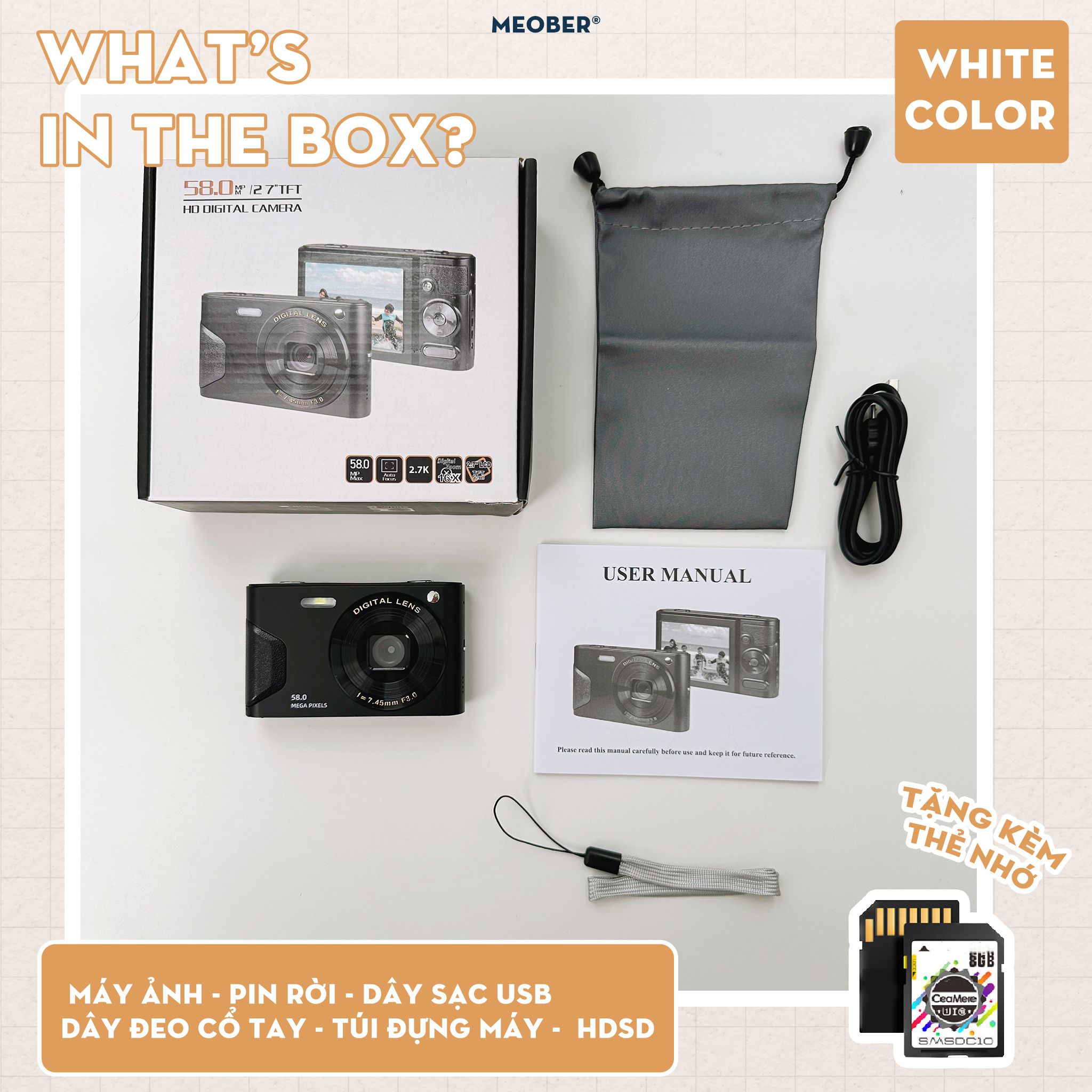  [Tặng thẻ nhớ] Máy ảnh kĩ thuật số digital mini camera v3 - quay, chụp 58MP, siêu mỏng nhỏ gọn by MèoBer 