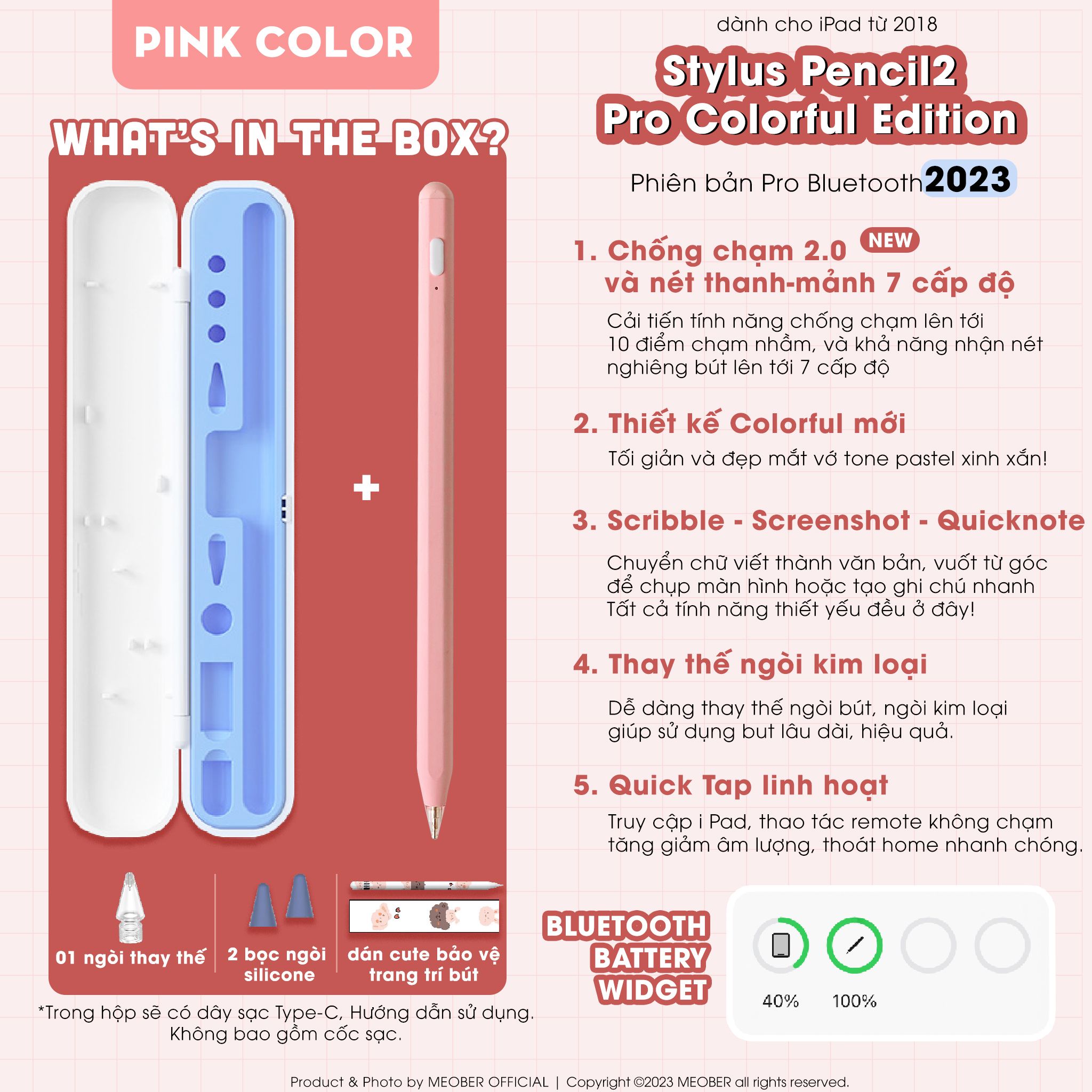 Bút cảm ứng Pencil Gen2 Pro Chống chạm nhầm, nét thanh nét đậm, ghi chú màu hồng, xanh cho Pro 11, 12.9, Air 4 5, Gen 8 9, Mini 5 6 by Meober