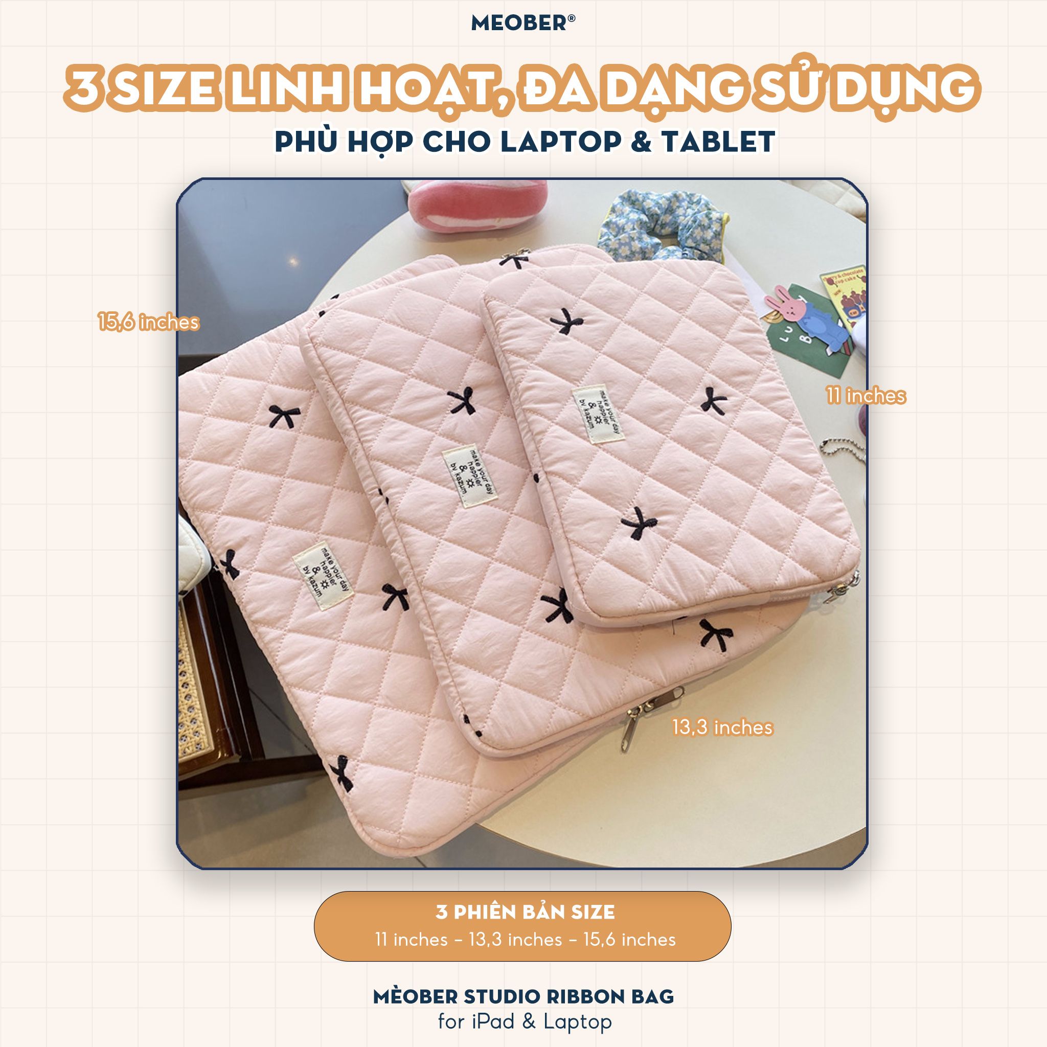 Túi chống sốc Nơ Coquette Ribbon cho iPad & Laptop - Thiết kế tối giản pastel hoạ tiết nơ dễ thương, lót đệm êm ái bảo vệ tối đa by MèoBer