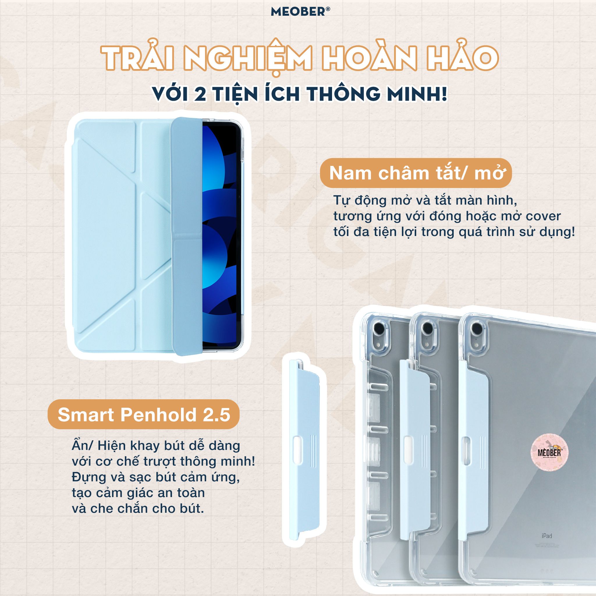 Bao da i Pad Origami gấp xếp xoay 360 cho Pro 11, Air 4/5/6/7, Gen7/8/9/10/11, Pro M4 - khay bút ẩn, lưng viền trong suốt by MèoBer