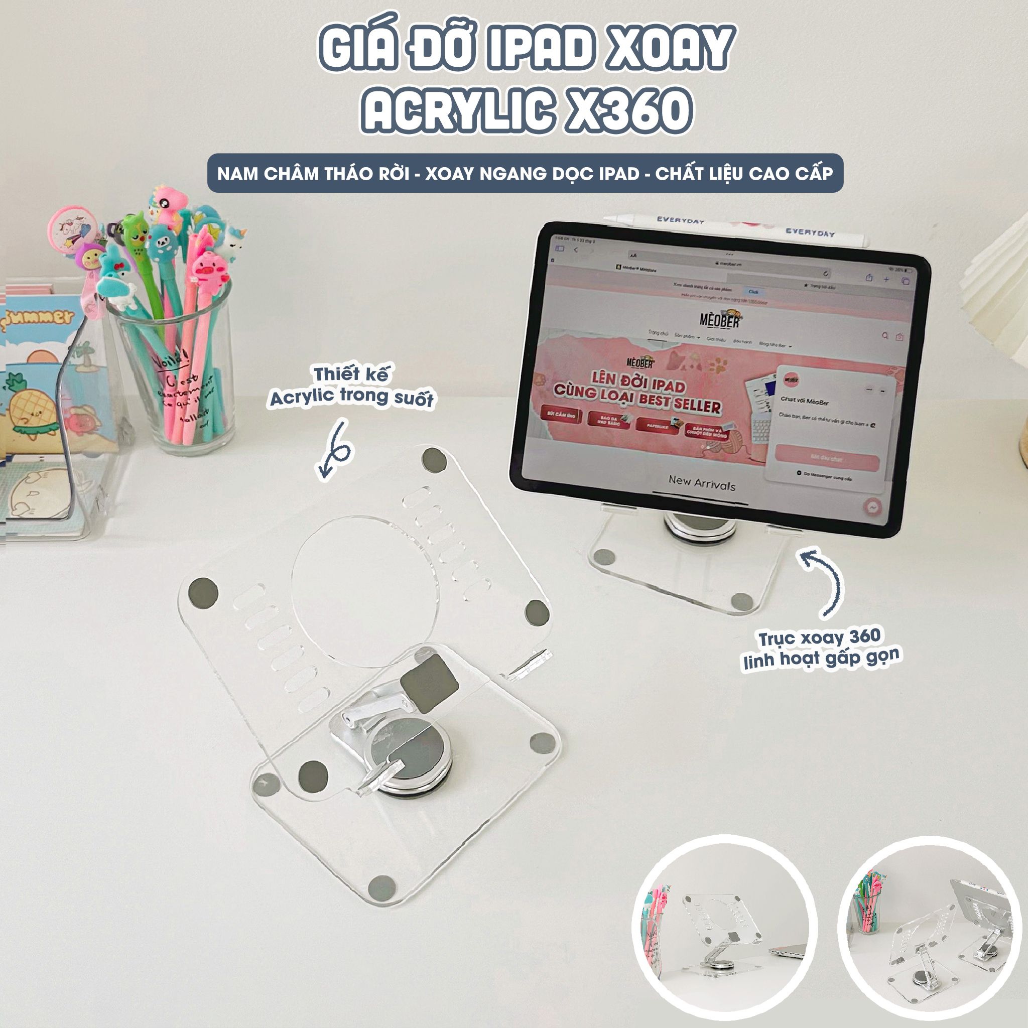 Giá đỡ iPad đa năng Acrylic Gập Xoay 360 - Thiết kế tối giản, hỗ trợ viết vẽ, xoay và gấp gọn linh hoạt