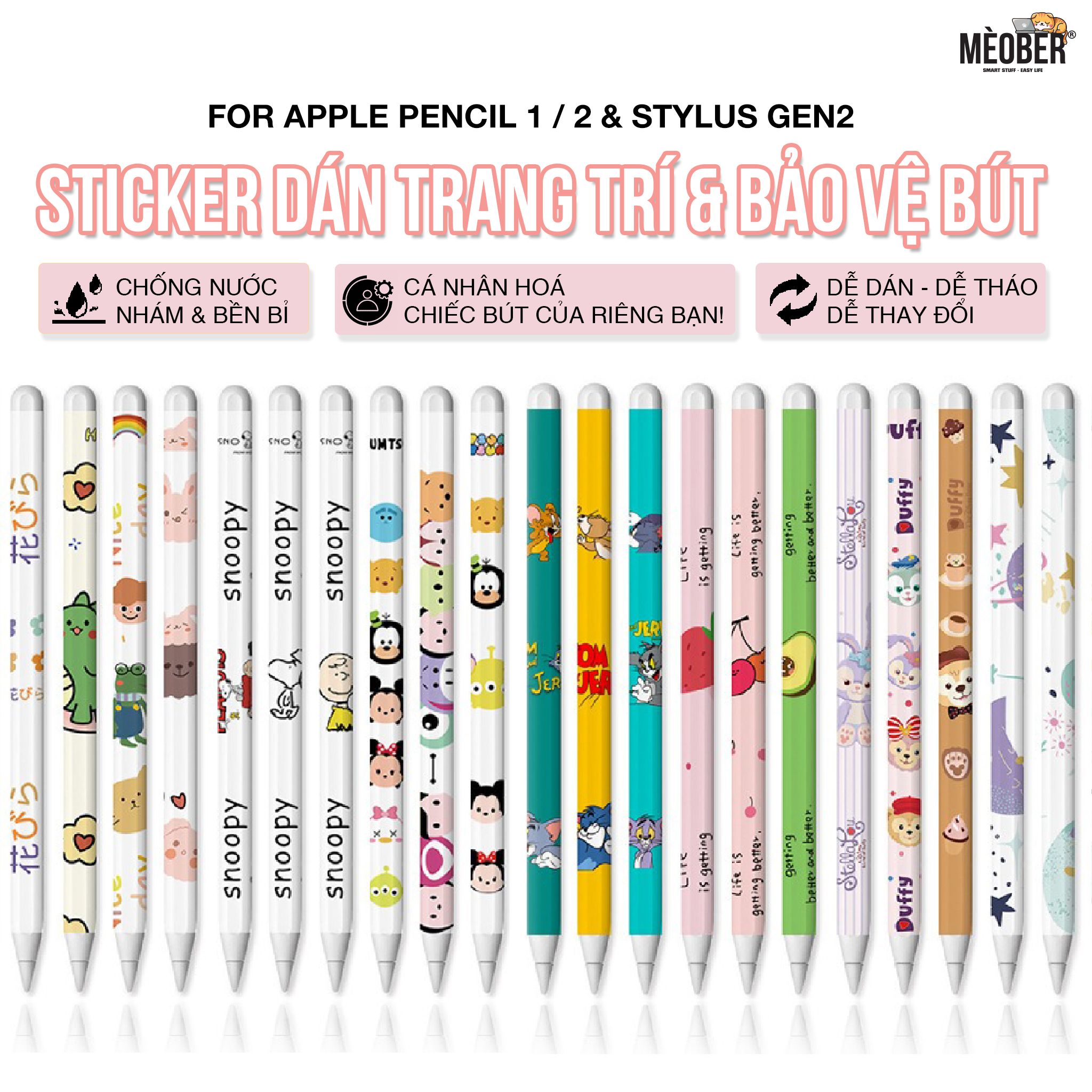 Miếng dán decal cute bảo vệ bút Apple Pencil 1 / 2 & Stylus Gen2 - Chống trầy, kháng nước, chất liệu nhám hạn chế bám mồ hôi