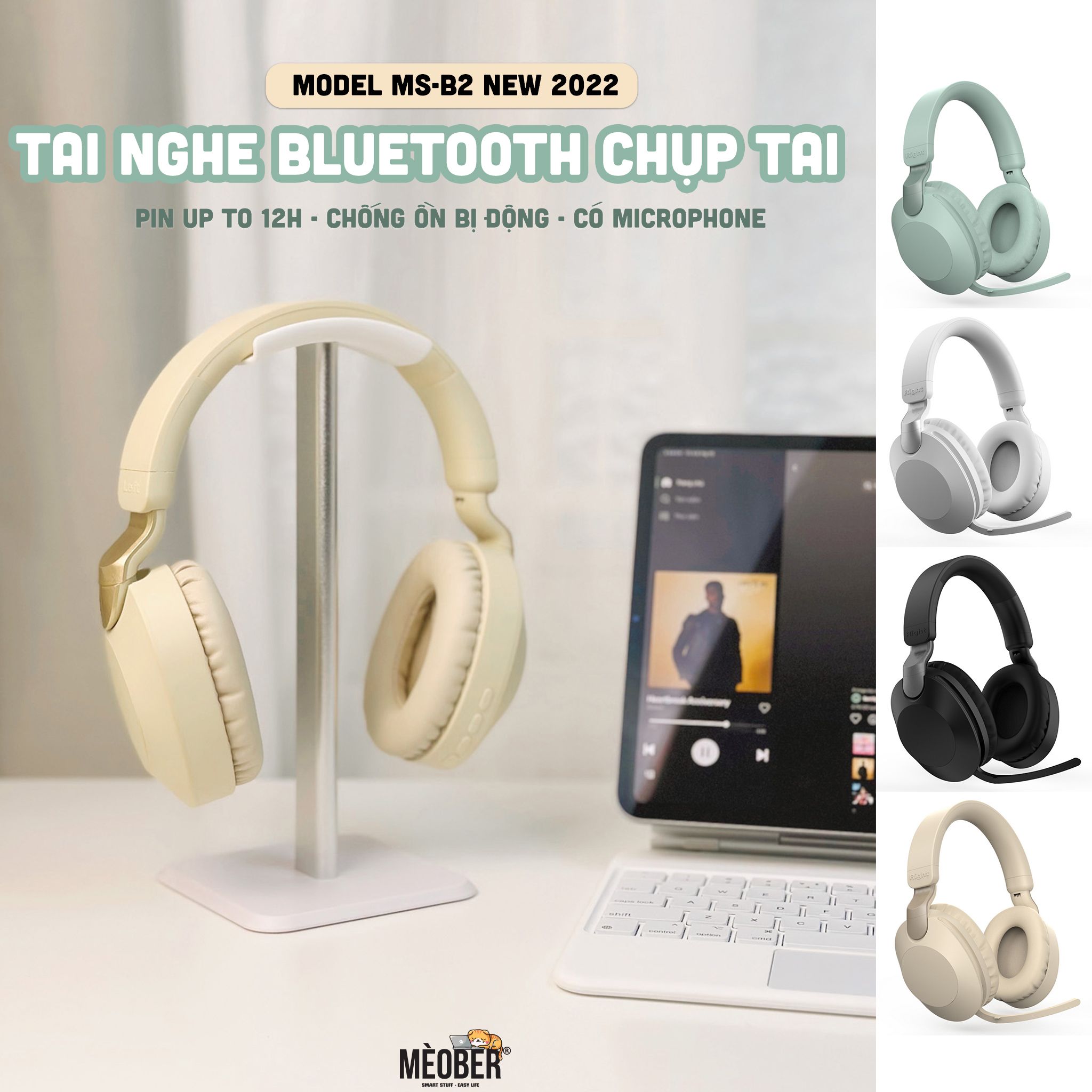 Tai Nghe Bluetooth Chụp Tai cao cấp MS-B2 - Có microphone, Chống ồn tạp âm & gấp gọn dễ dàng