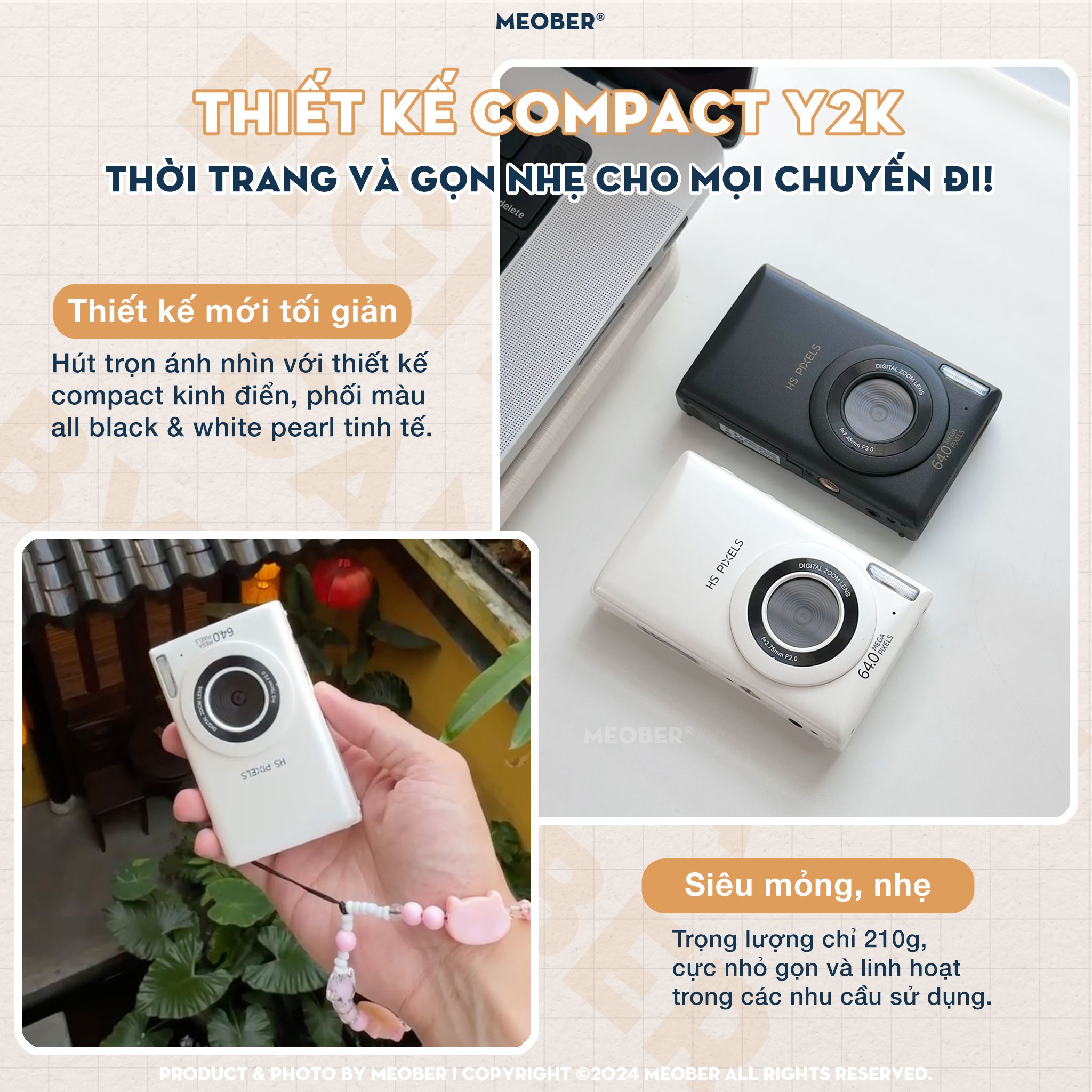  [Tặng thẻ nhớ] Máy ảnh kĩ thuật số digital mini camera HS Pixel - quay, chụp 64MP, siêu mỏng nhỏ gọn by MèoBer 