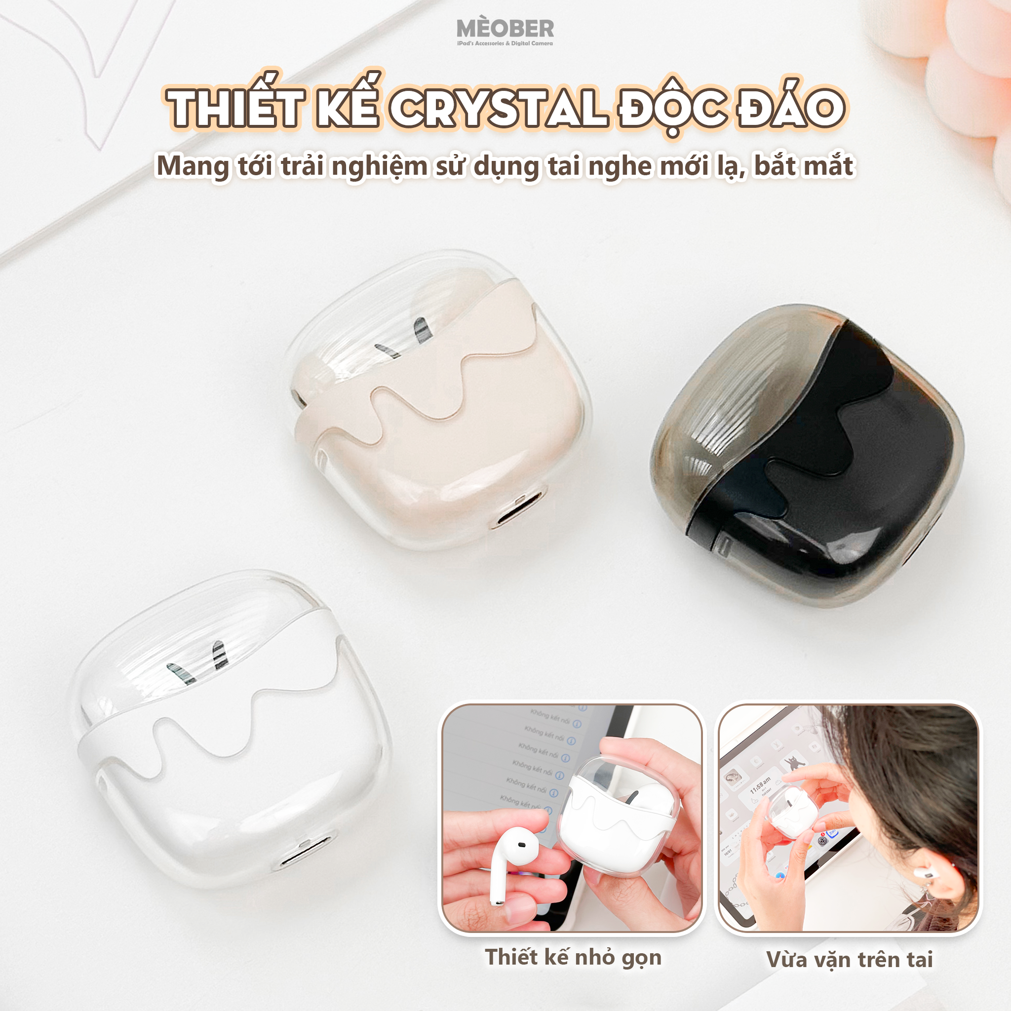 Tai Nghe TWS Crystal Cute 2024 âm thanh nổi, giảm ồn, thiết kế trong suốt by MèoBer