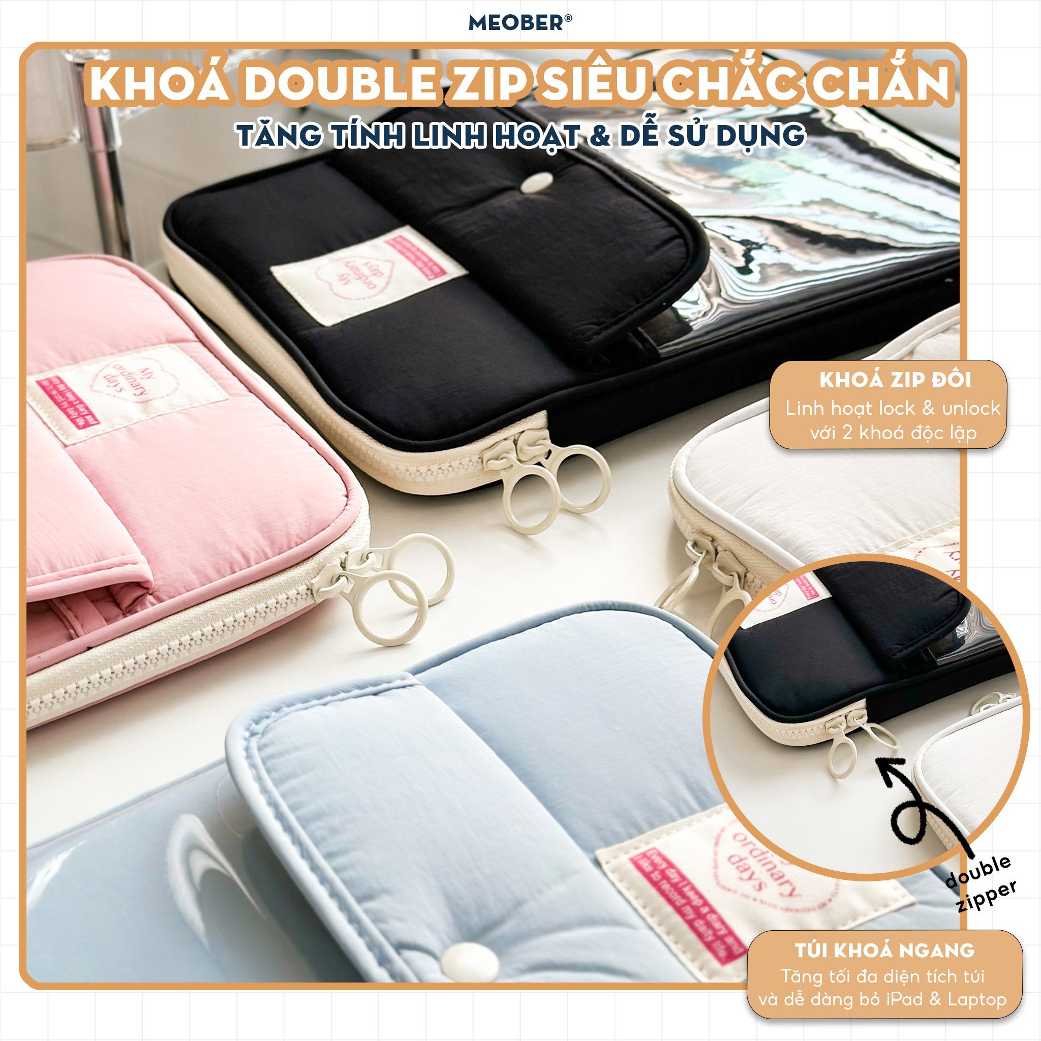 Túi chống sốc cho iPad & Laptop đa năng Basic Daily Korea Style - Thiết kế tối giản pastel, chia ngăn thông minh bảo vệ tối đa by MèoBer