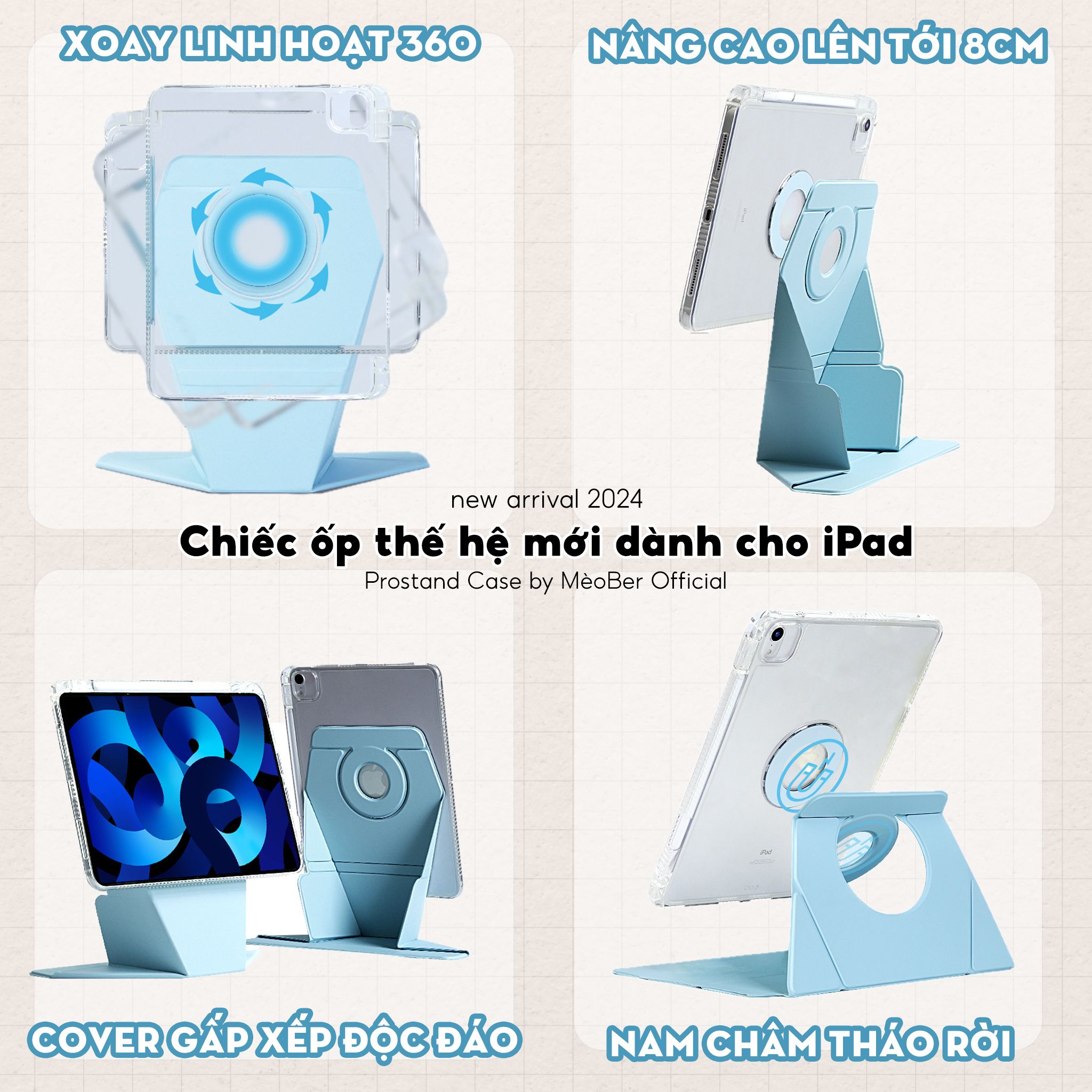 Bao da Nam Châm Xoay ProStand 360 dành cho i pad Gen 8/9/10/11, Air4/5, Pro 11,mini6&7 - Tháo rời, Nâng Cao Máy by MèoBer