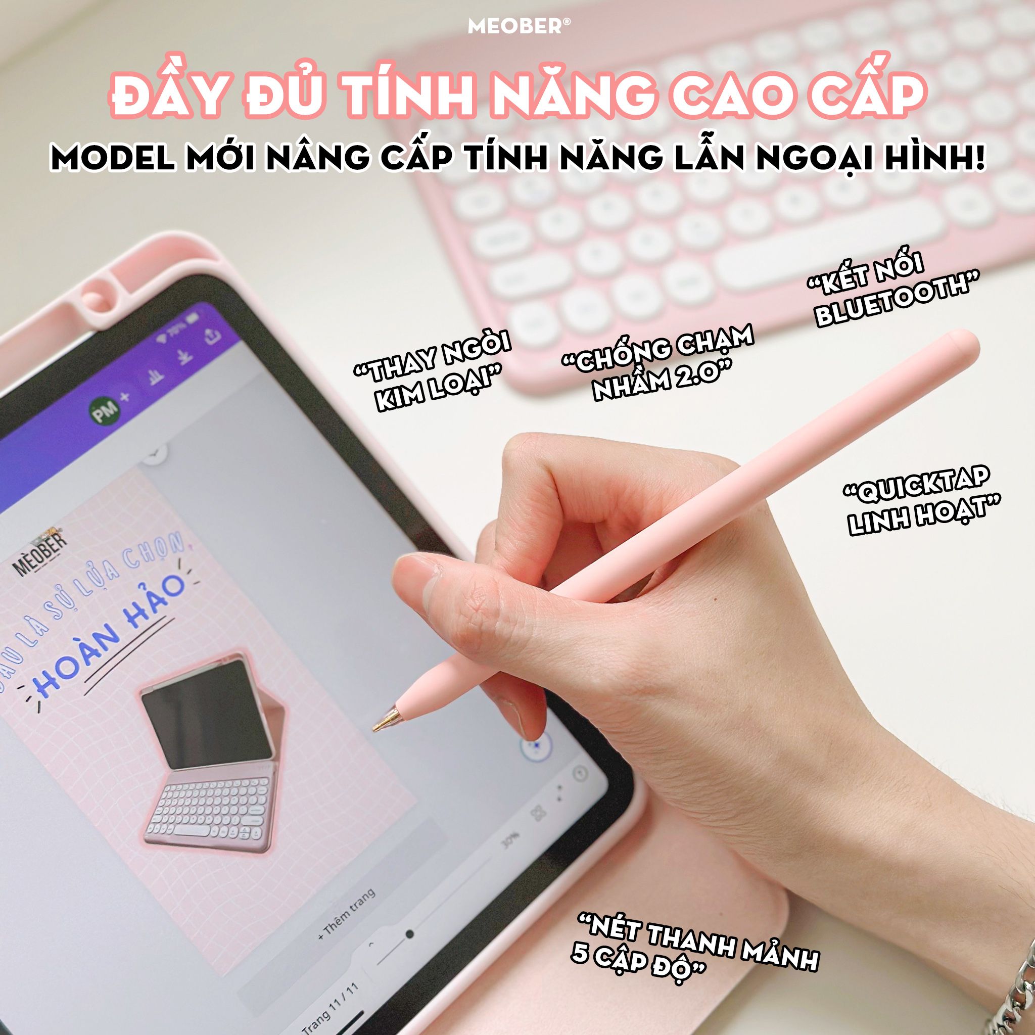 Bút cảm ứng Pencil Gen2 Pro Chống chạm nhầm, nét thanh nét đậm, ghi chú màu hồng, xanh cho Pro 11, 12.9, Air 4 5, Gen 8 9, Mini 5 6 by Meober
