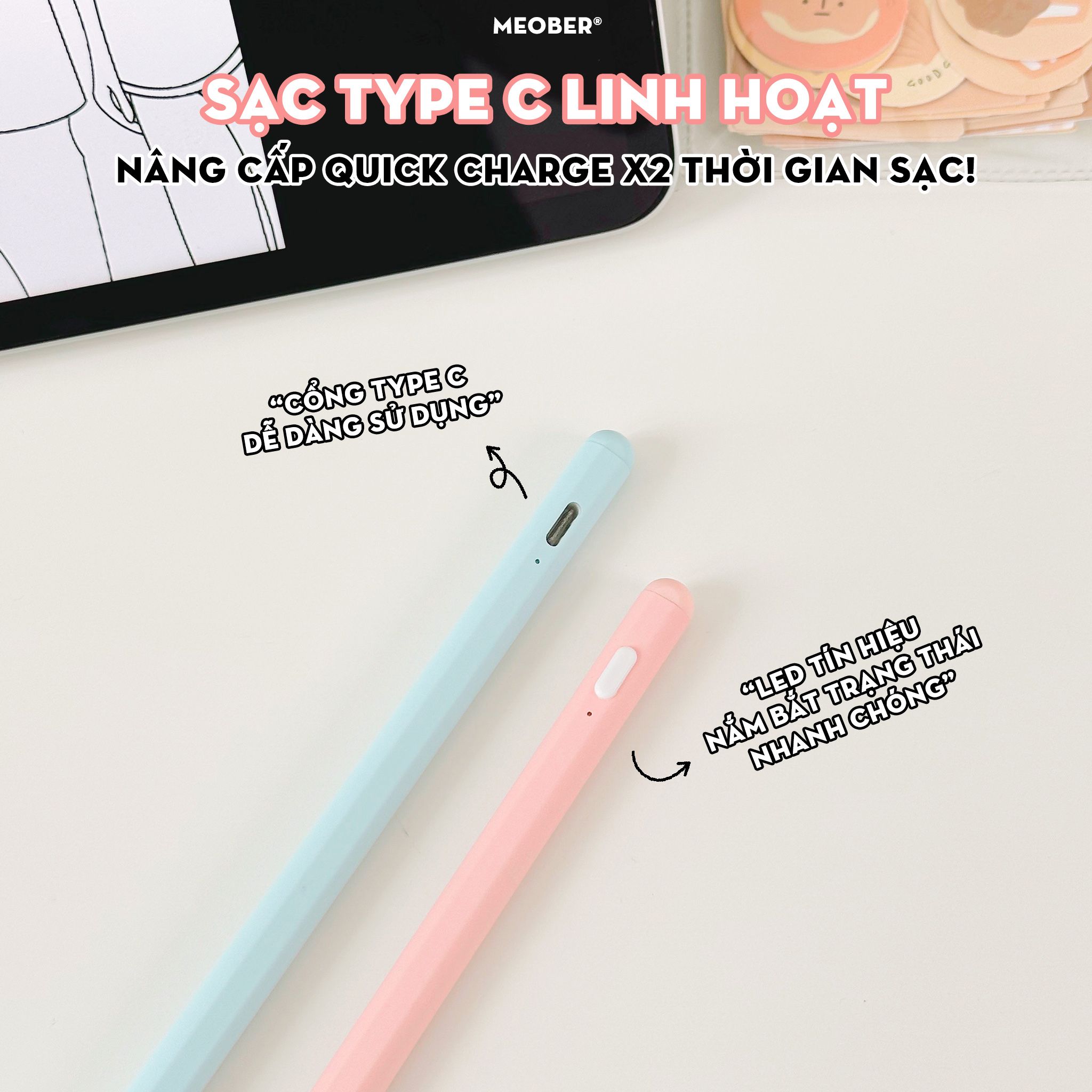 Bút cảm ứng Pencil Gen2 Pro Chống chạm nhầm, nét thanh nét đậm, ghi chú màu hồng, xanh cho Pro 11, 12.9, Air 4 5, Gen 8 9, Mini 5 6 by Meober