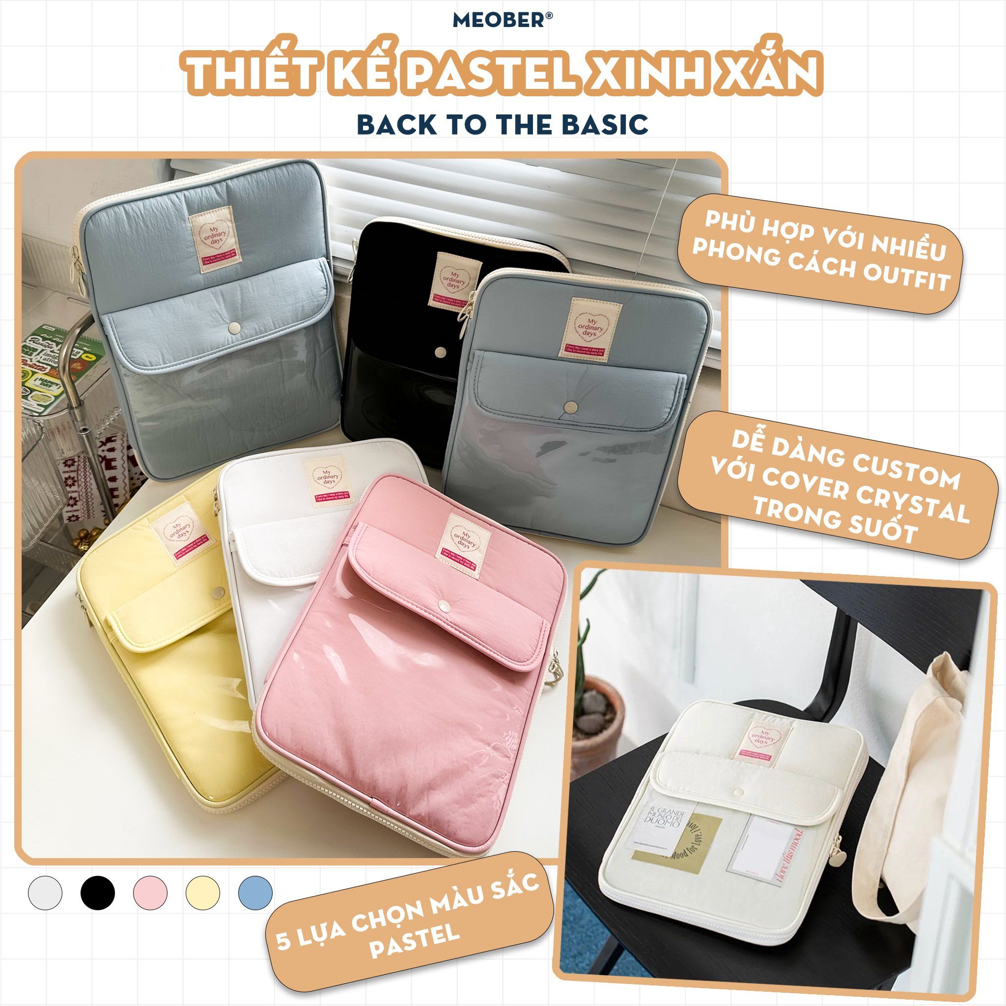 Túi chống sốc cho iPad & Laptop đa năng Basic Daily Korea Style - Thiết kế tối giản pastel, chia ngăn thông minh bảo vệ tối đa by MèoBer