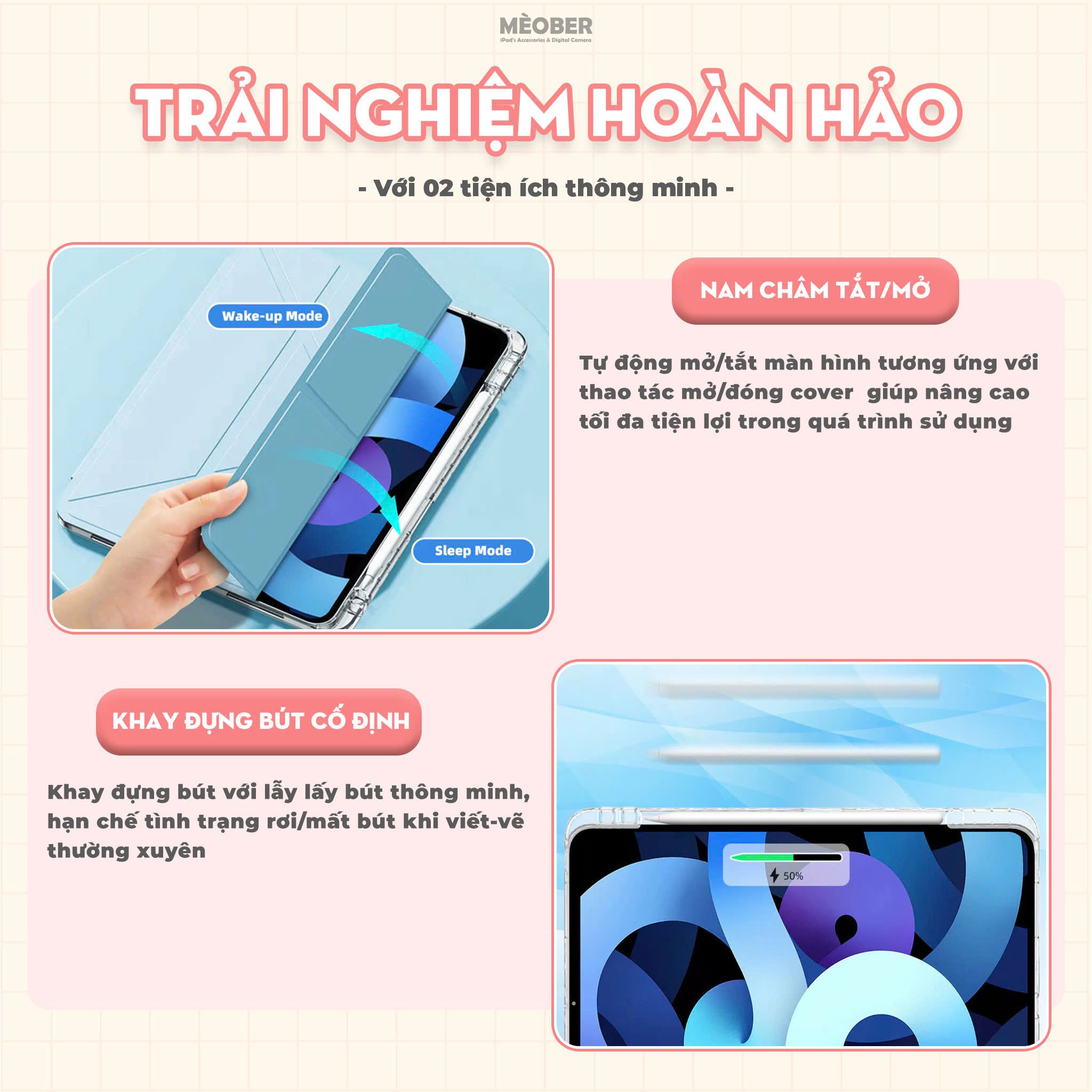 Bao da i Pad Origami khe bút cố định gấp xếp xoay 360 cho Pro 11, Mini 6/7, Air 4/5/6/7, Gen7/8/9/10/11, Pro M4 - lưng viền trong suốt by MèoBer