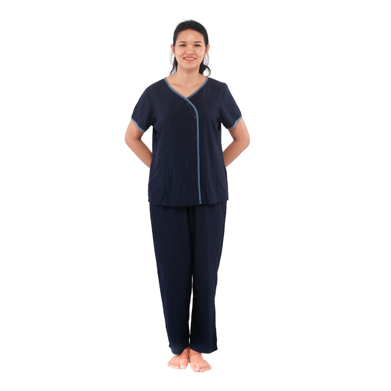 Q45122006 - bộ dài rayon thêu cổ tim, viền nút xéo