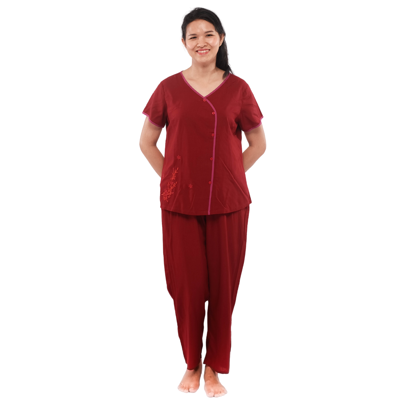 Q45122006 - bộ dài rayon thêu cổ tim, viền nút xéo
