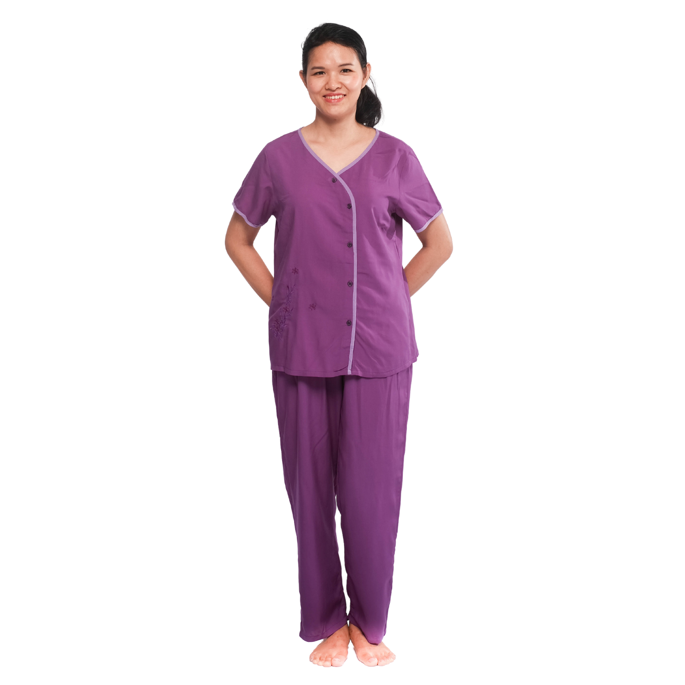 Q45122006 - bộ dài rayon thêu cổ tim, viền nút xéo