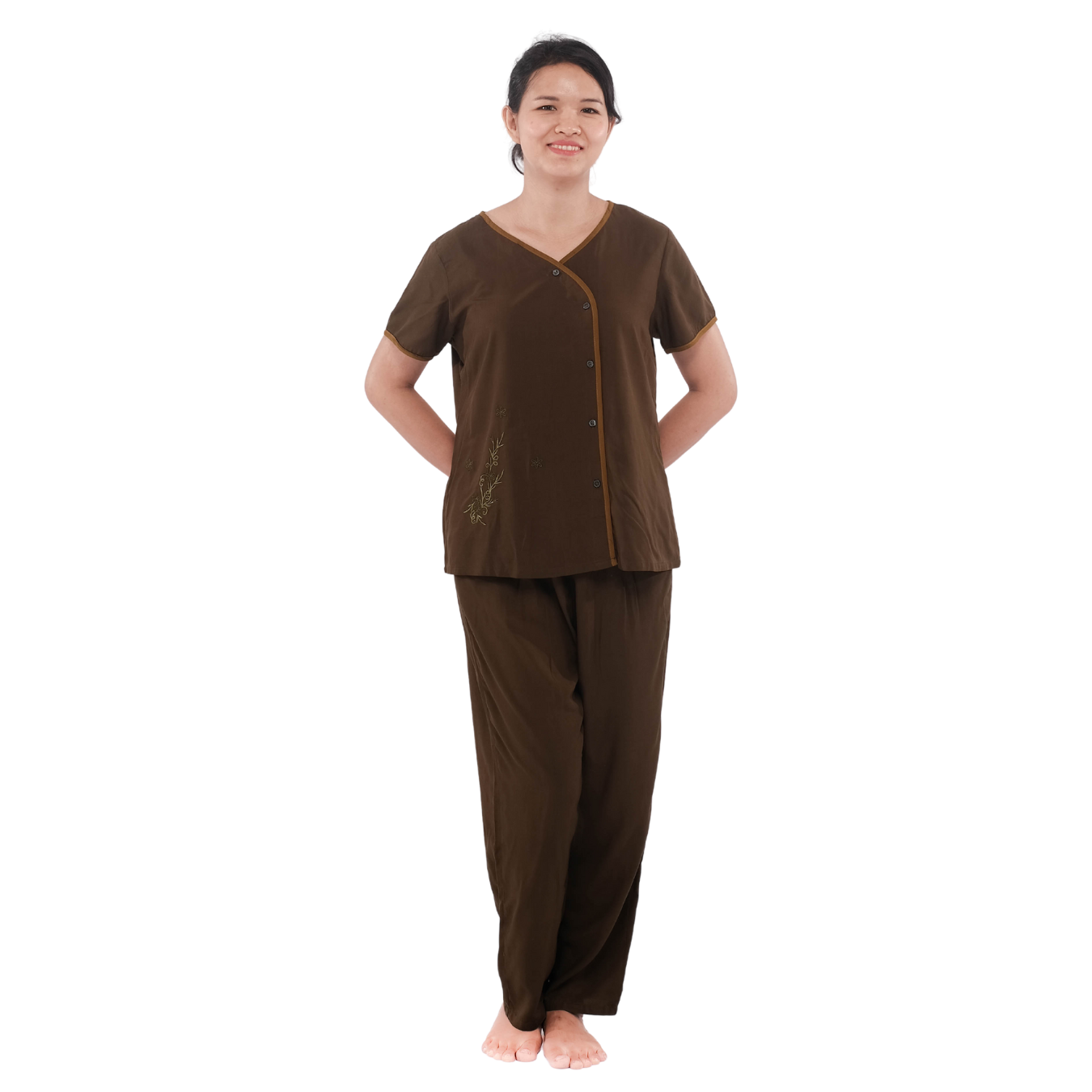 Q45122006 - bộ dài rayon thêu cổ tim, viền nút xéo