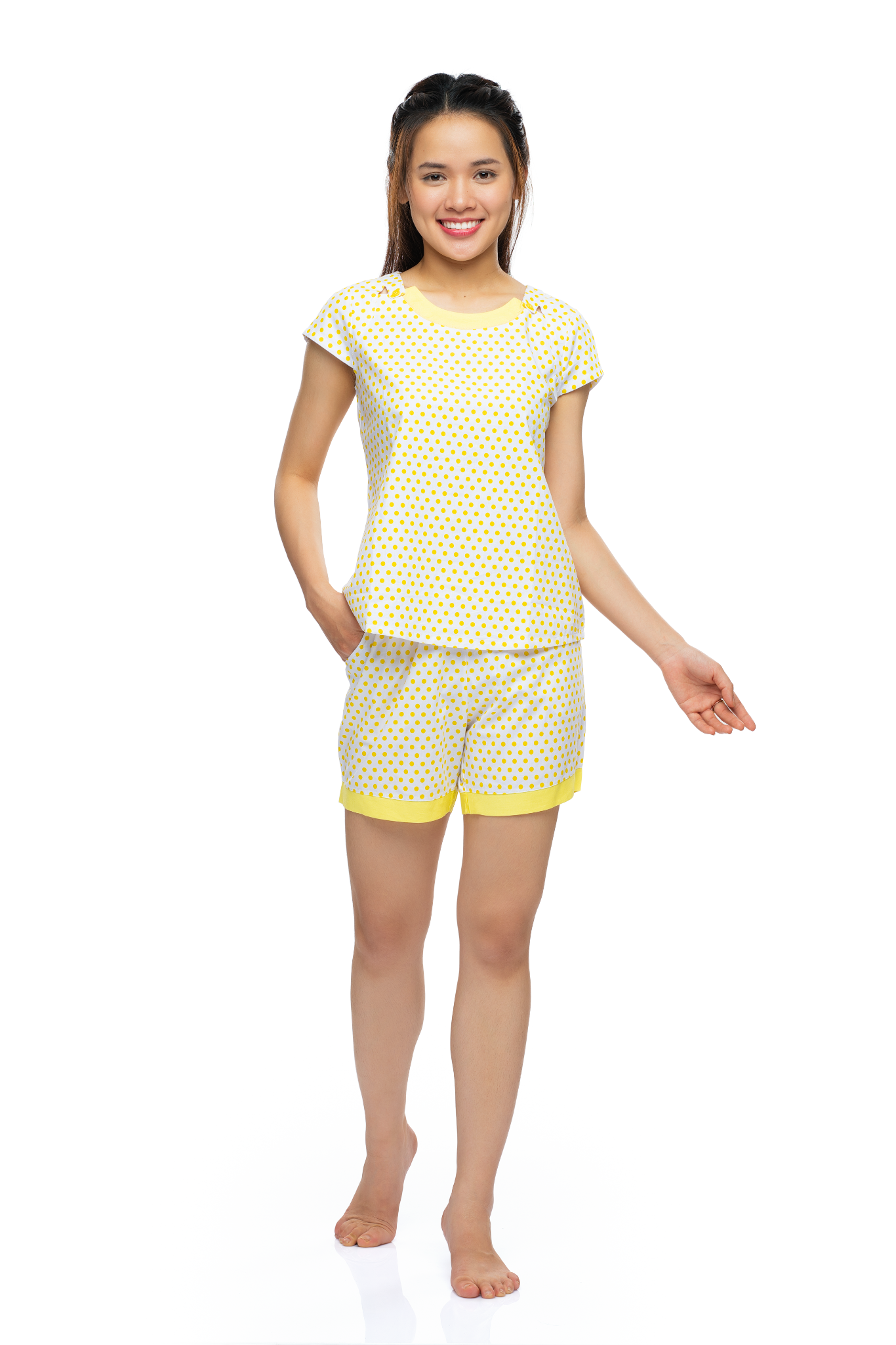 Q43218080 - Đồ bộ mặc nhà cotton quần đùi áo cộc tay họa tiết chấm bi đơn giản