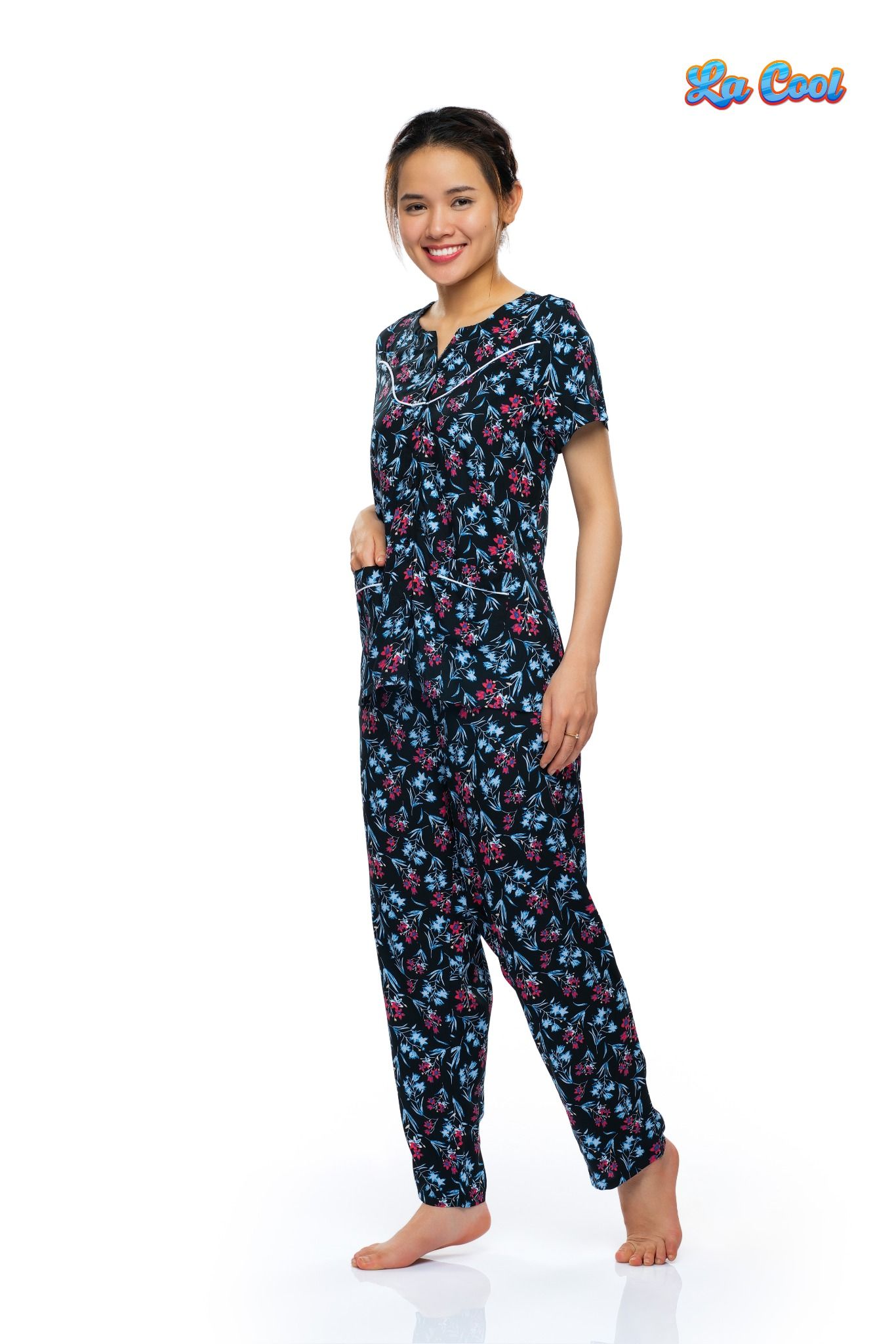bộ dài cổ tròn xẻ V, rã đô, viền lé, nẹp nút mềm mại thoáng mát - A45112302