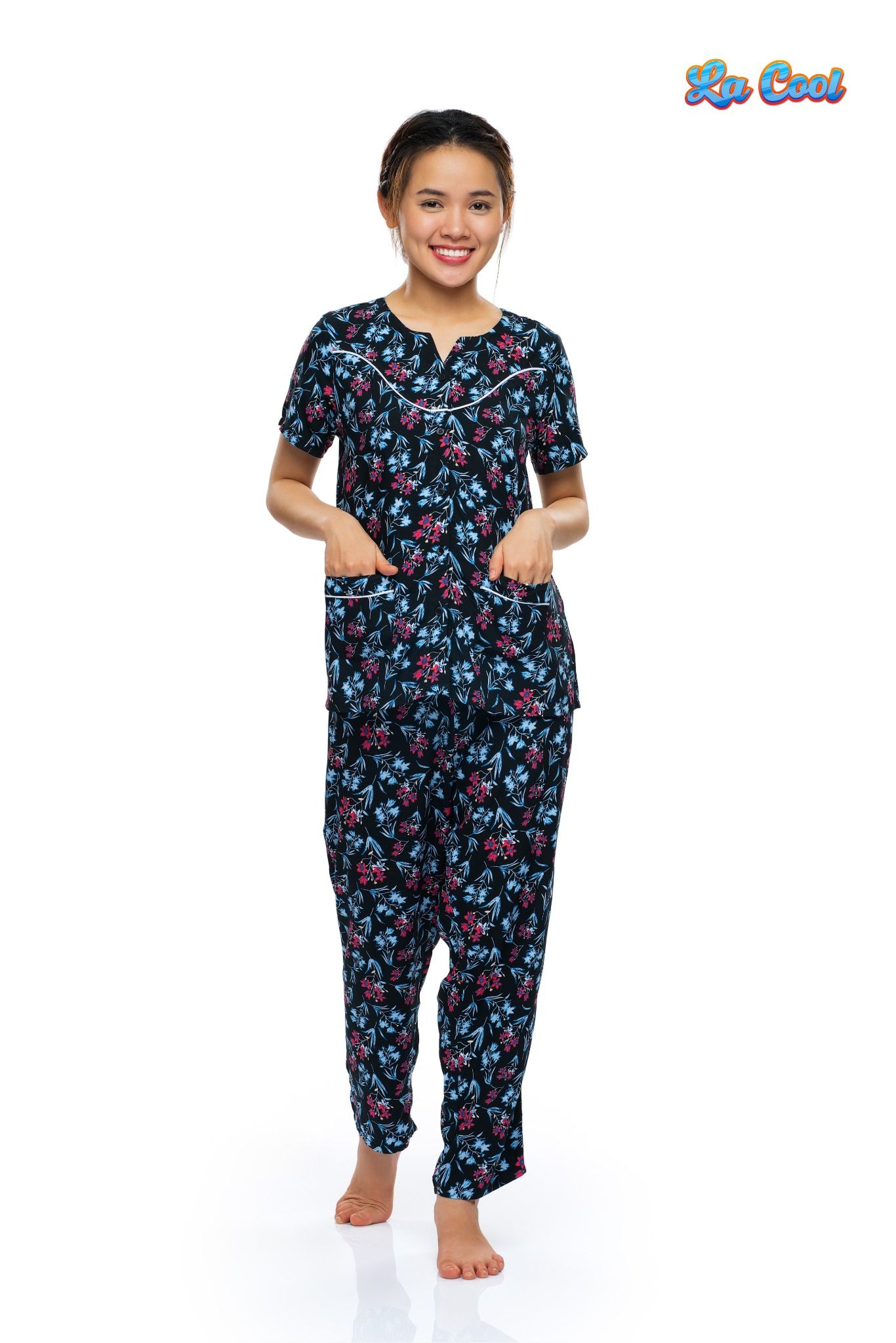 bộ dài cổ tròn xẻ V, rã đô, viền lé, nẹp nút mềm mại thoáng mát - A45112302