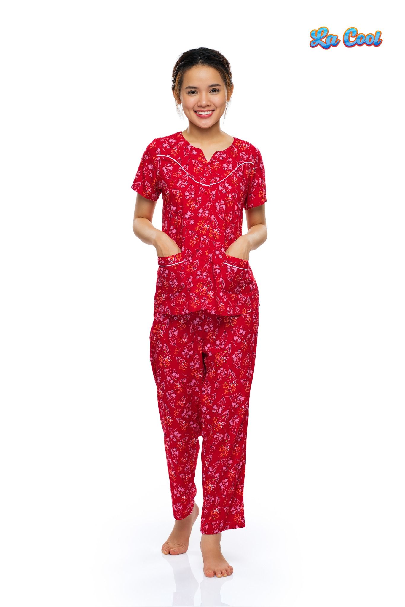 bộ dài cổ tròn xẻ V, rã đô, viền lé, nẹp nút mềm mại thoáng mát - A45112302