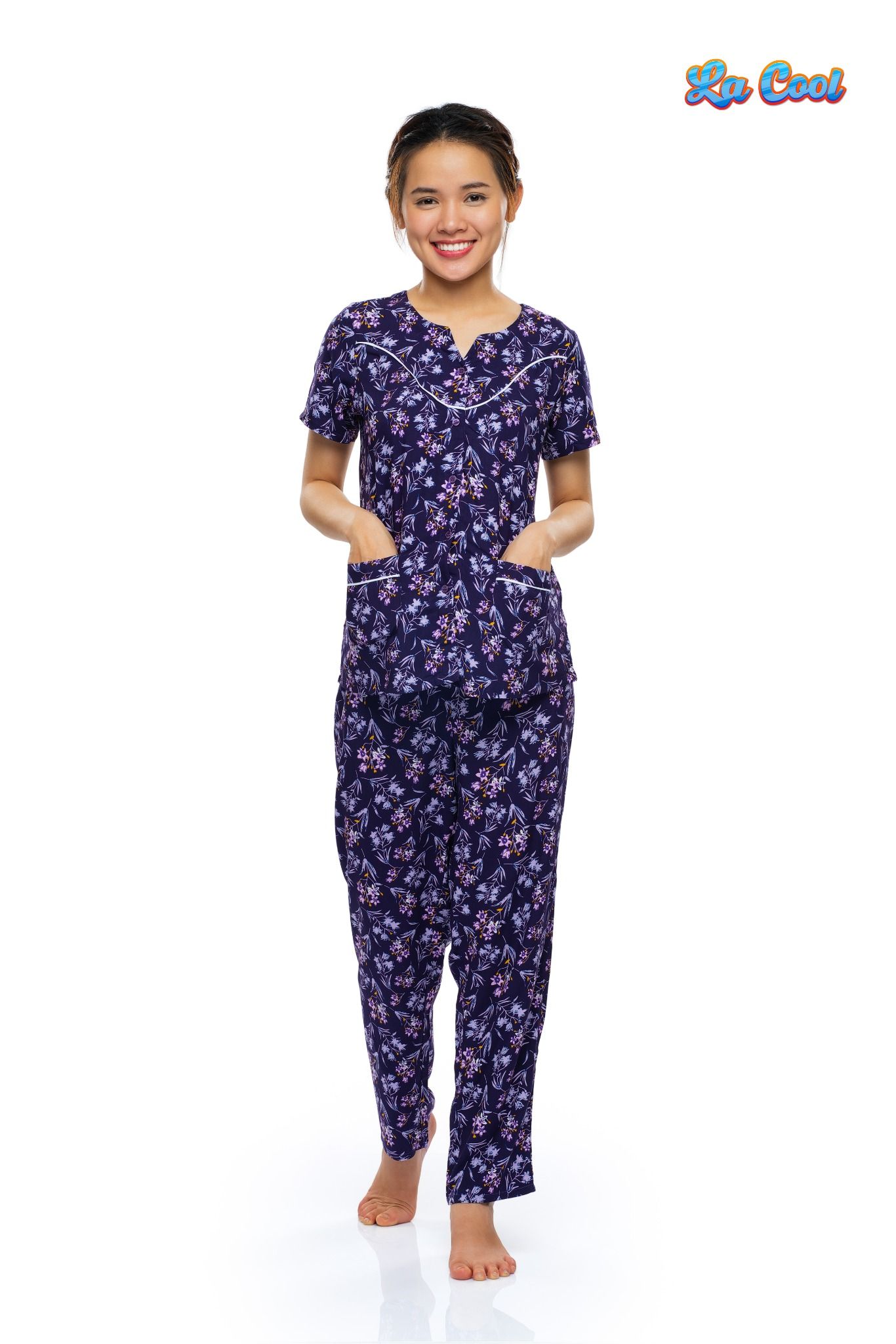 bộ dài cổ tròn xẻ V, rã đô, viền lé, nẹp nút mềm mại thoáng mát - A45112302