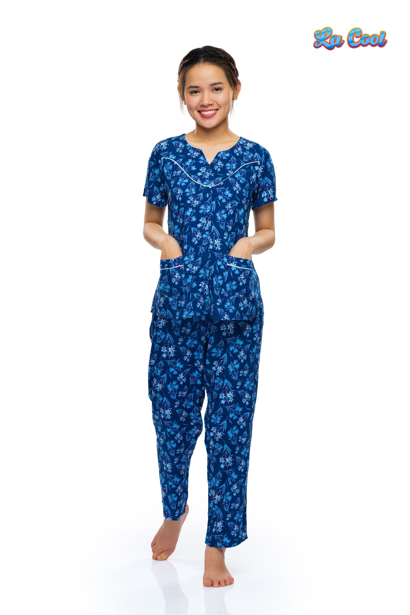 bộ dài cổ tròn xẻ V, rã đô, viền lé, nẹp nút mềm mại thoáng mát - A45112302