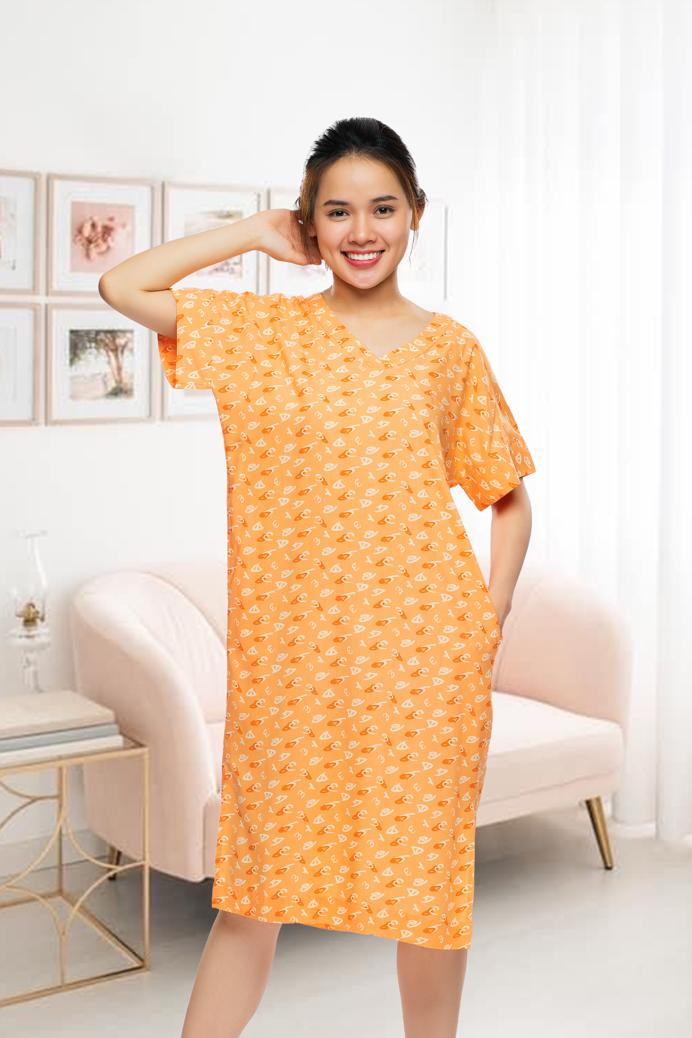 A47112202 - Đầm mặc nhà QUẾ LÂM RAYON HOA cổ tim họa tiết đơn giản
