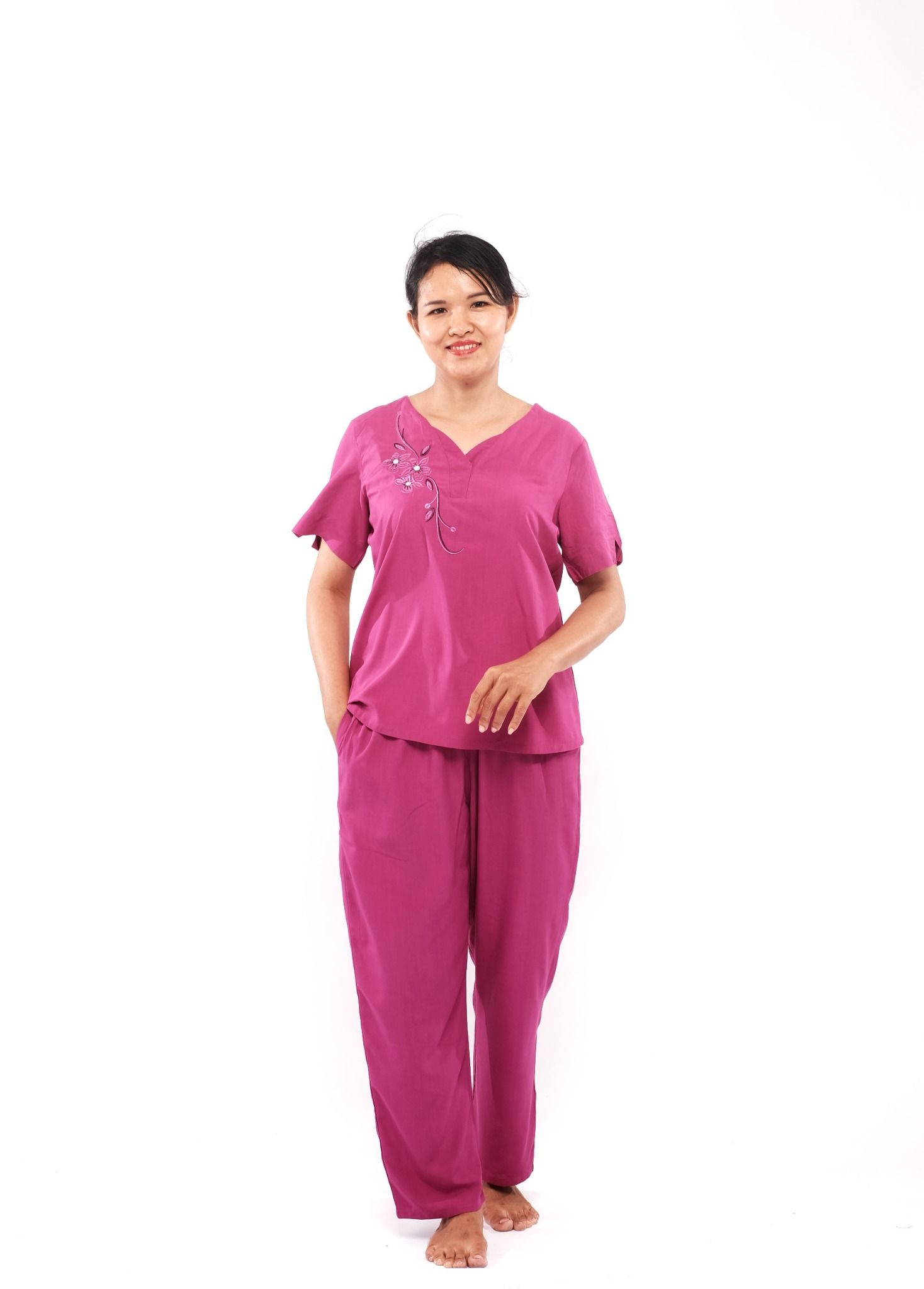 bộ dài rayon cổ tim, tay ngắn màu sắc thanh lịch mát mẻ - A45122003