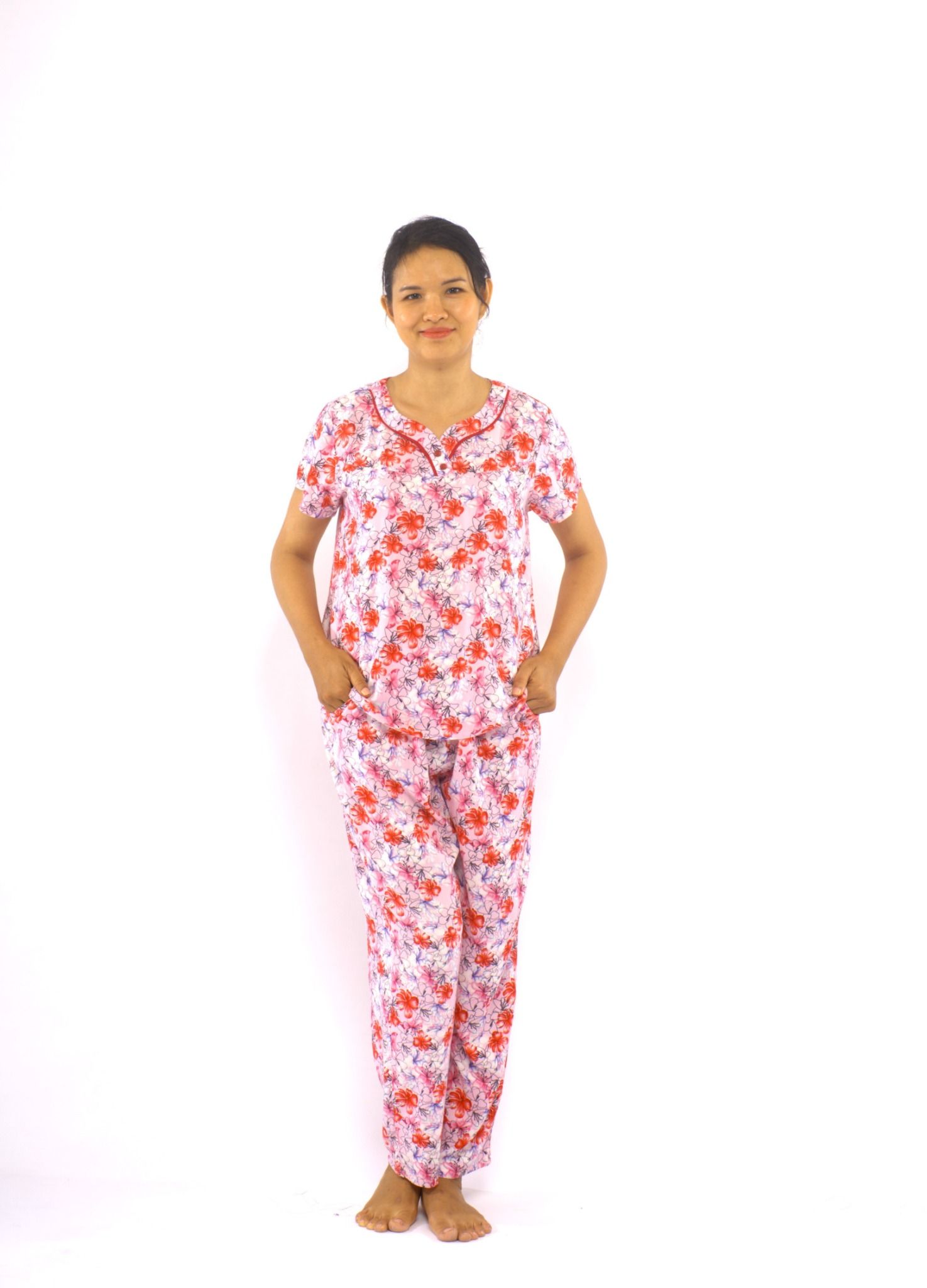 bộ dài rayon cổ viền lé gắn nút mềm mát thanh lịch - Q45112101