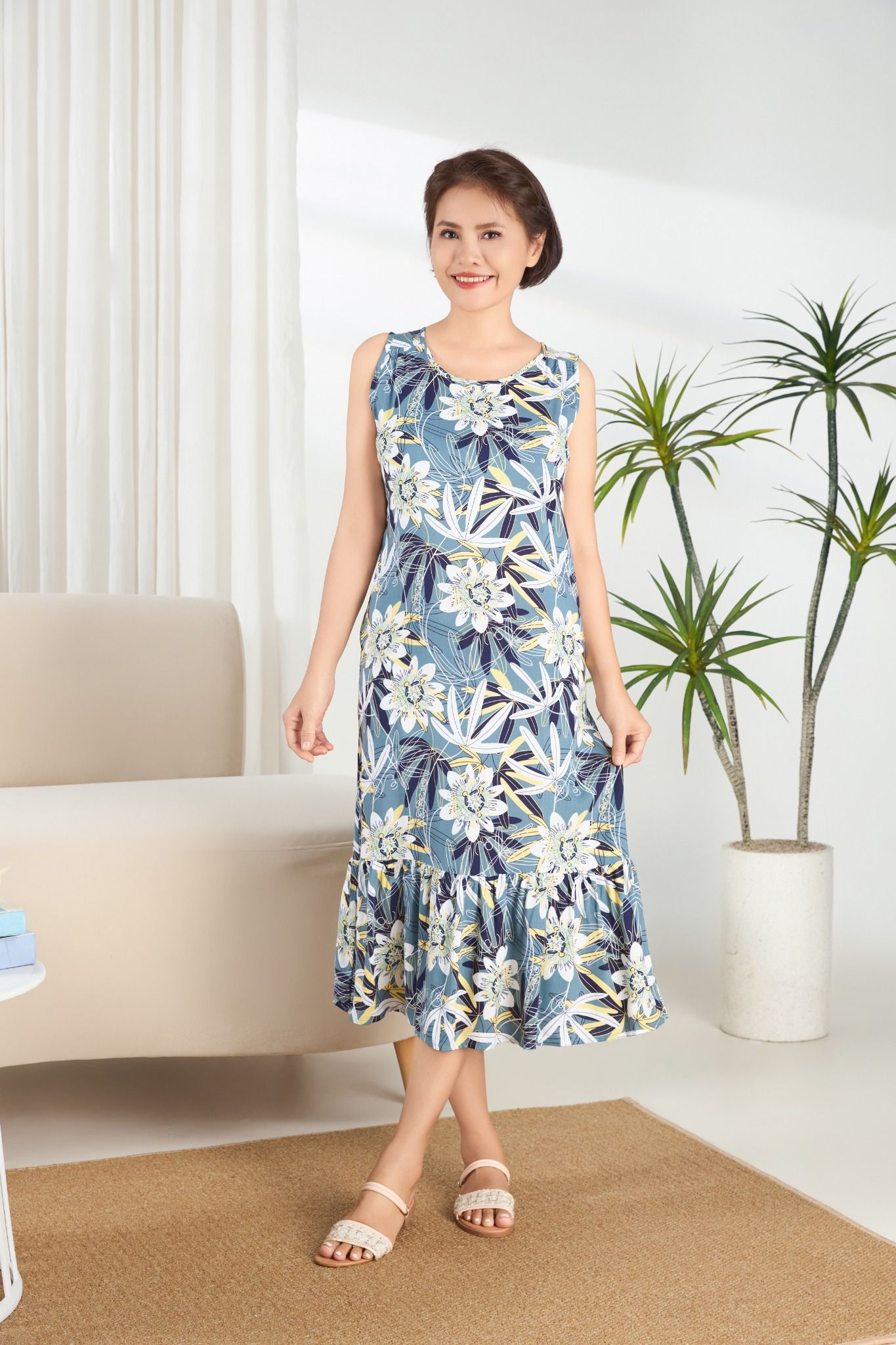 Q471132501 - Đầm mặc nhà dáng xuông Rayon hoa