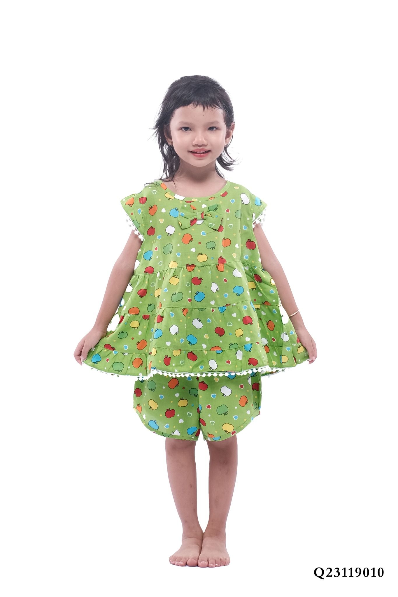 bộ ngắn rayon hoa,bé gái cổ tròn, nơ ngưc, ren trang trí - Q23119010