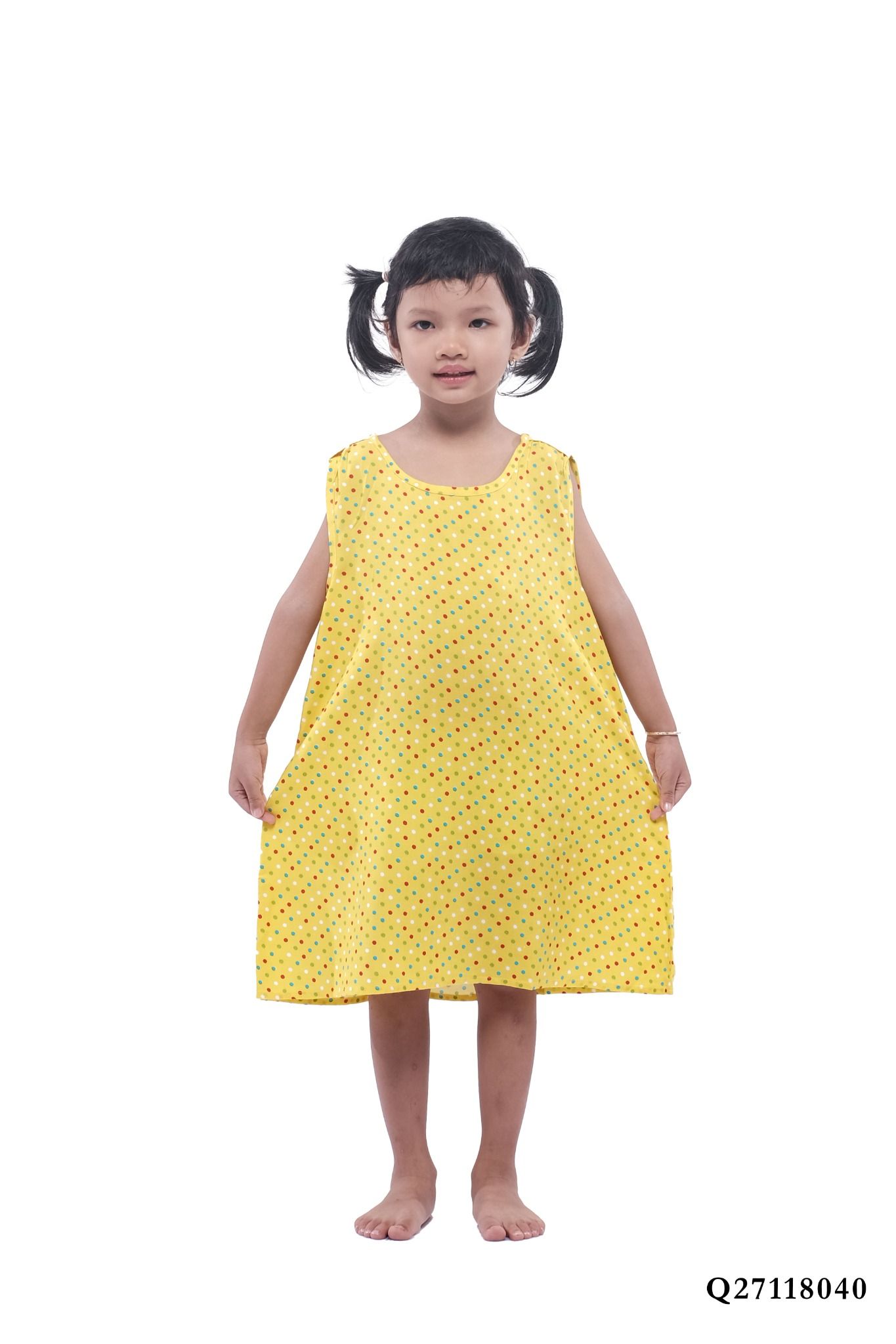 Q27118040 - đầm trẻ em rayon, chấm bi , dáng chữ A dễ thương