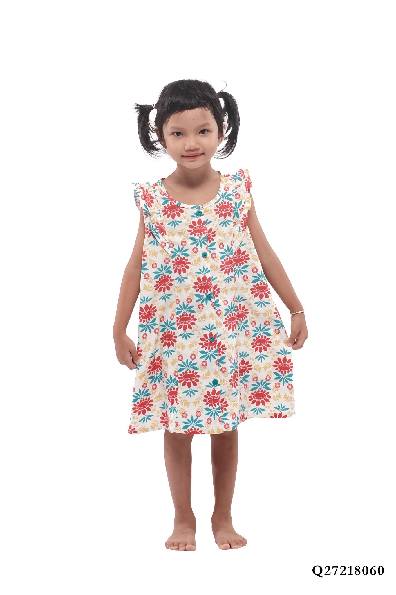 đầm cotton bé gái cổ tròn dáng xuông - Q27218060