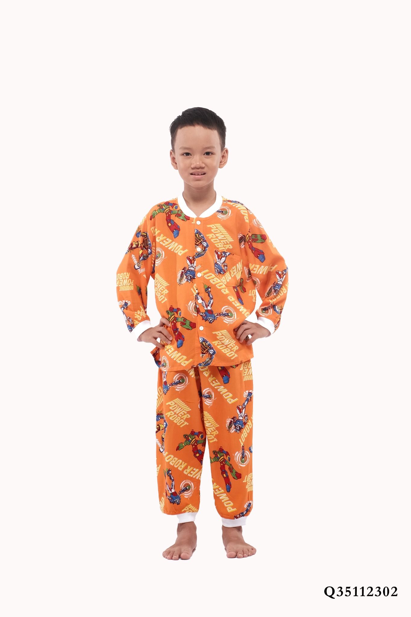 Q35112302- Đồ bộ mặc nhà bé trai vải lanh quần dài áo cổ tròn họa tiết siêu nhân