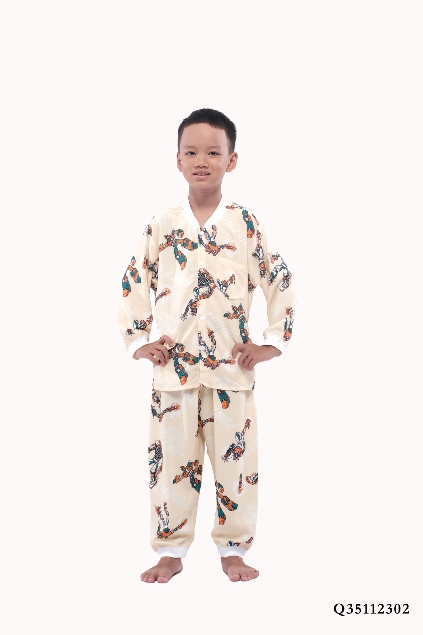 Q35112302- Đồ bộ mặc nhà bé trai vải lanh quần dài áo cổ tròn họa tiết siêu nhân