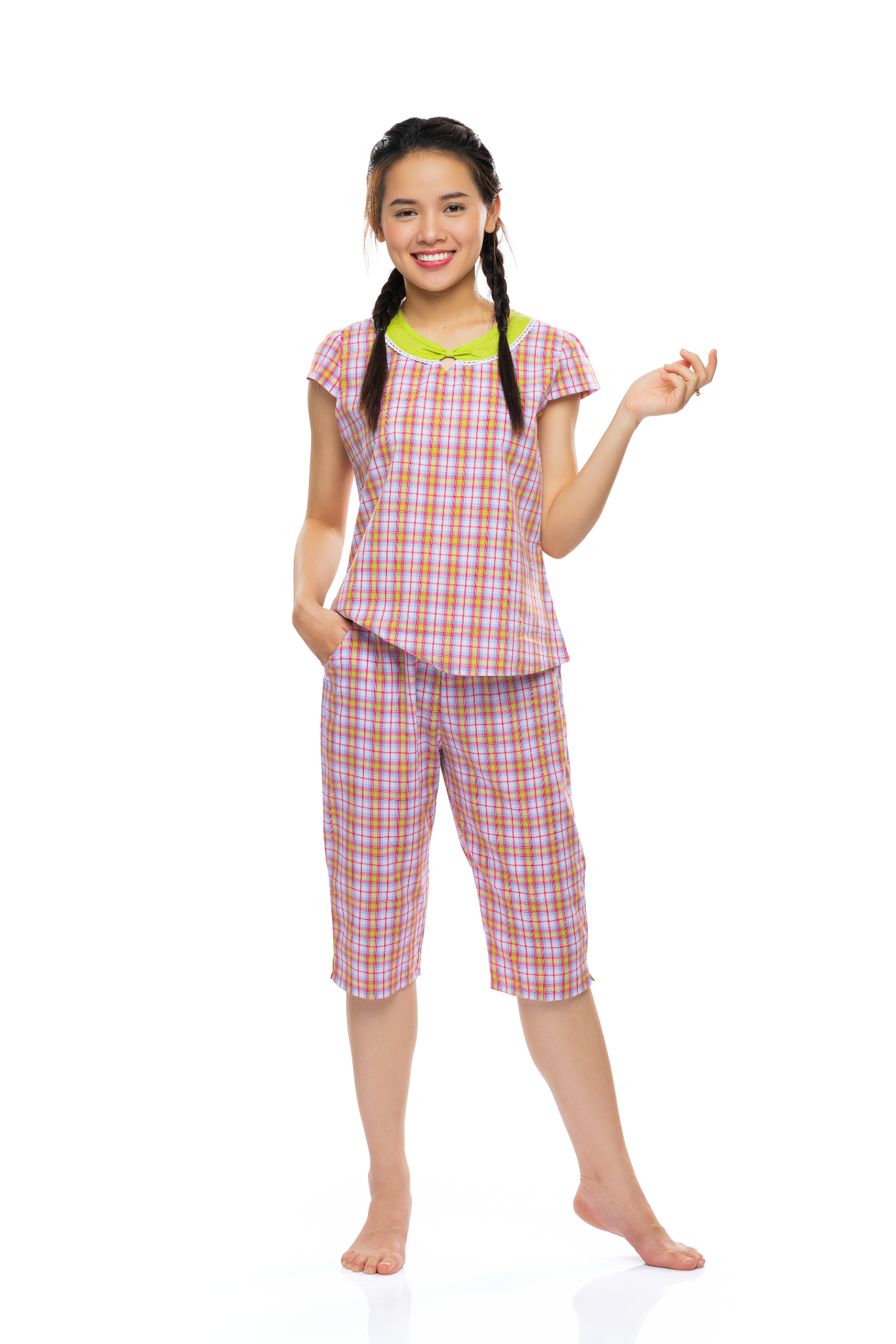 Đồ bộ mặc nhà nữ, set quần áo lửng ngố thời trang Quế Lâm chất 100% cotton thoáng mát, họa tiết kẻ sọc - Q44219130